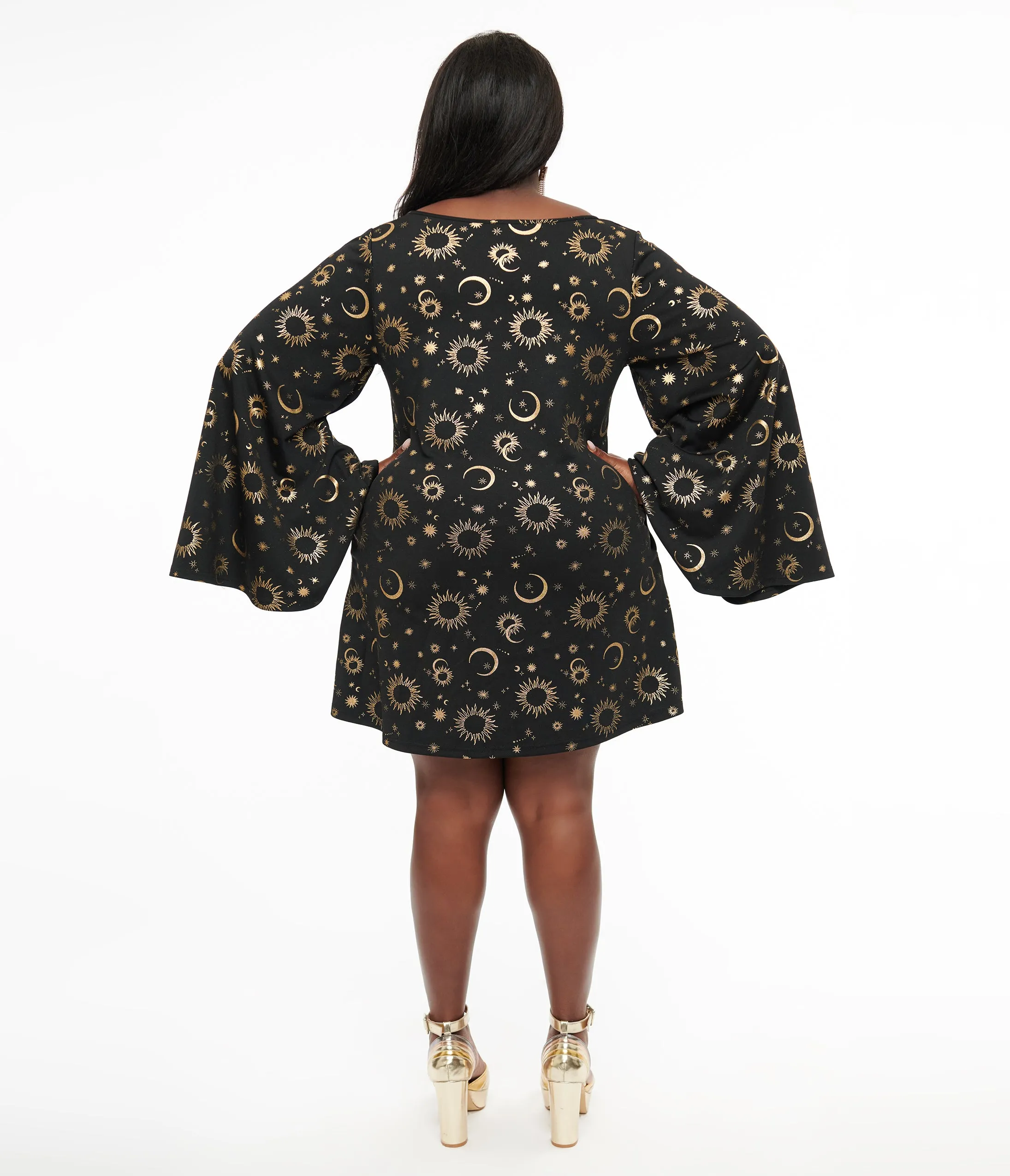 Smak Parlour 1960s Plus Size Black & Gold Celestial Print Mini Dress sold by Unique Vintage product image thumbnail 2