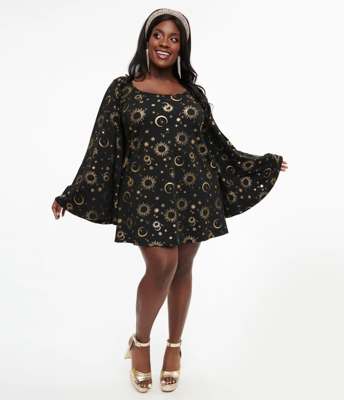 Smak Parlour 1960s Plus Size Black & Gold Celestial Print Mini Dress made by Unique Vintage