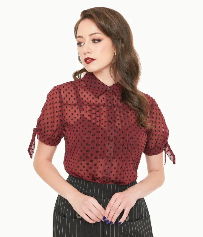 Unique Vintage 1950s Burgundy & Black Clip Dot Tie Cuff Blouse made by Unique Vintage