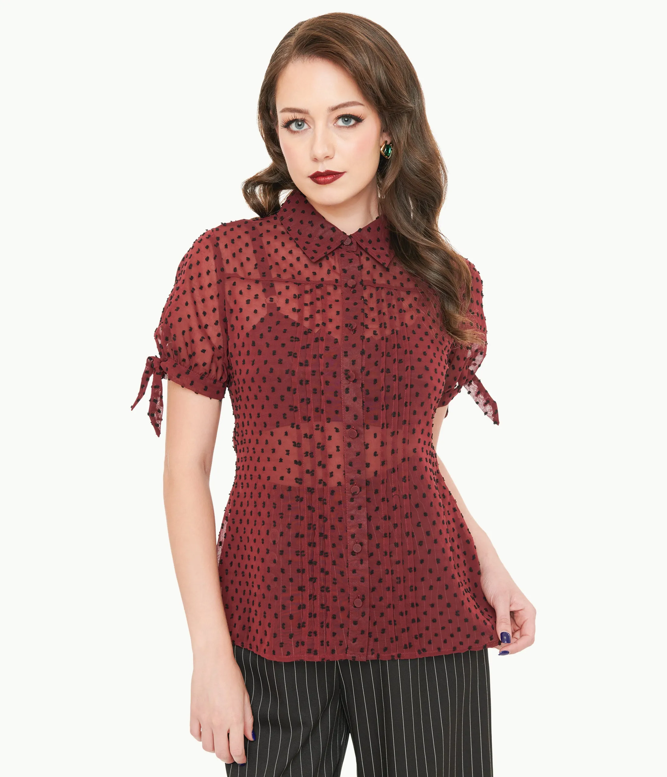 Unique Vintage 1950s Burgundy & Black Clip Dot Tie Cuff Blouse sold by Unique Vintage product image thumbnail 3