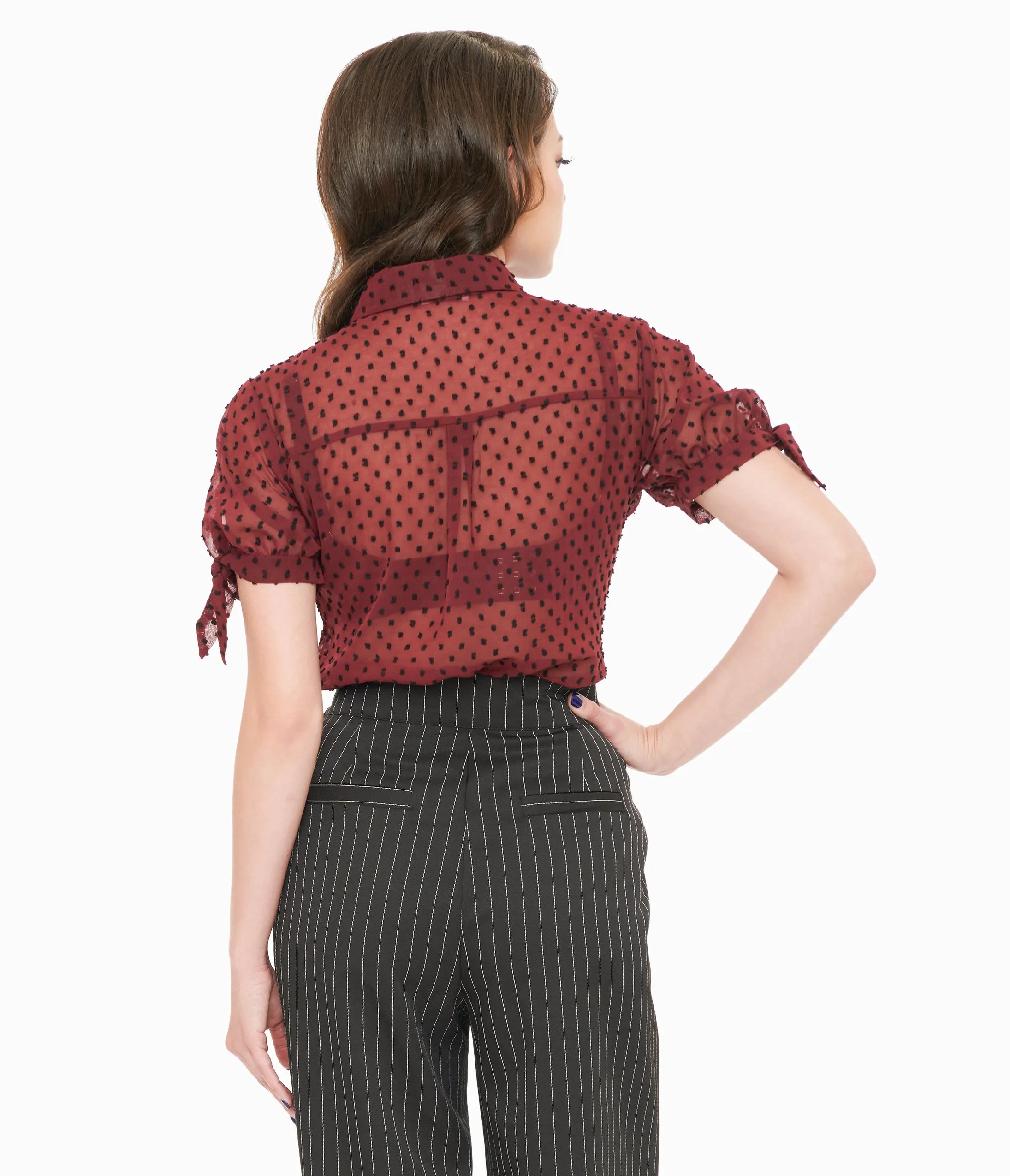 Unique Vintage 1950s Burgundy & Black Clip Dot Tie Cuff Blouse sold by Unique Vintage product image thumbnail 2