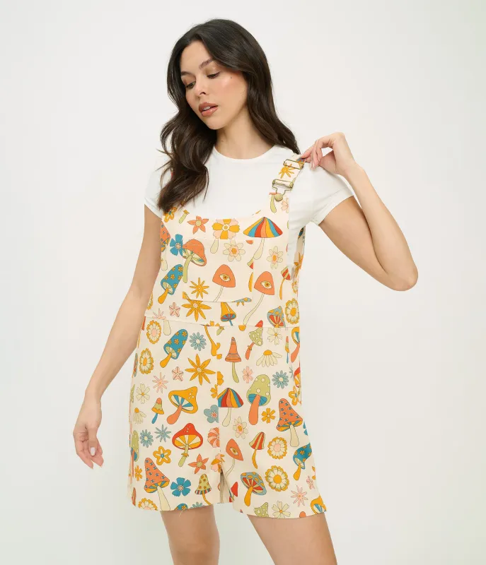 Retro Mushroom & Hippie Daisy Floral Cotton Short Overalls made by Unique Vintage