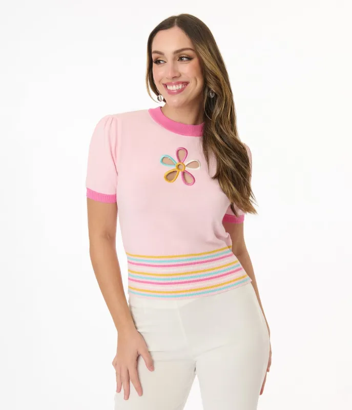 Smak Parlour Pink & Rainbow Flower Cutout Sweater made by Unique Vintage