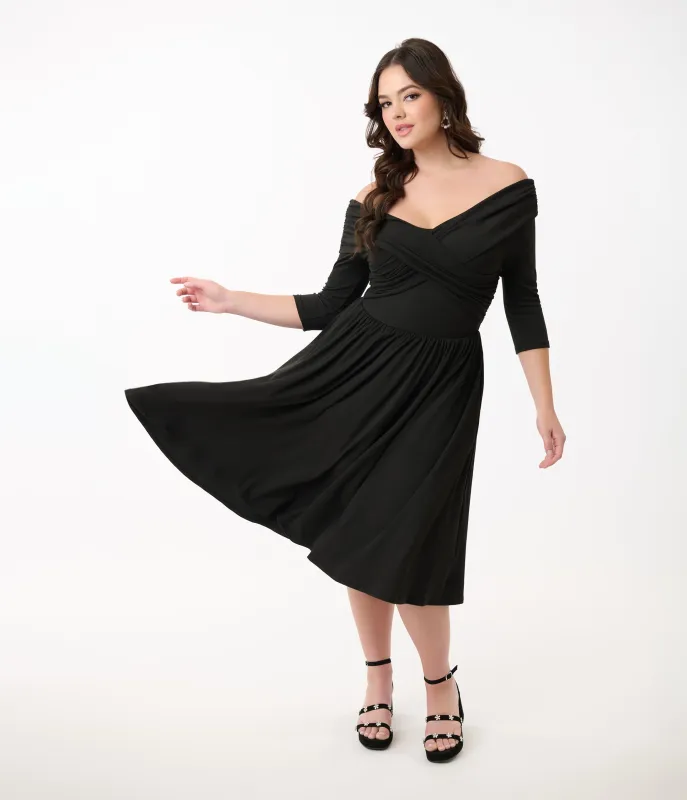 Unique Vintage Black Shirred Off Shoulder Swing Dress made by Unique Vintage