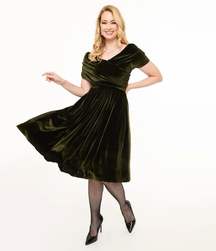 Unique Vintage 1950s Olive Green Shirred Velvet Swing Dress made by Unique Vintage