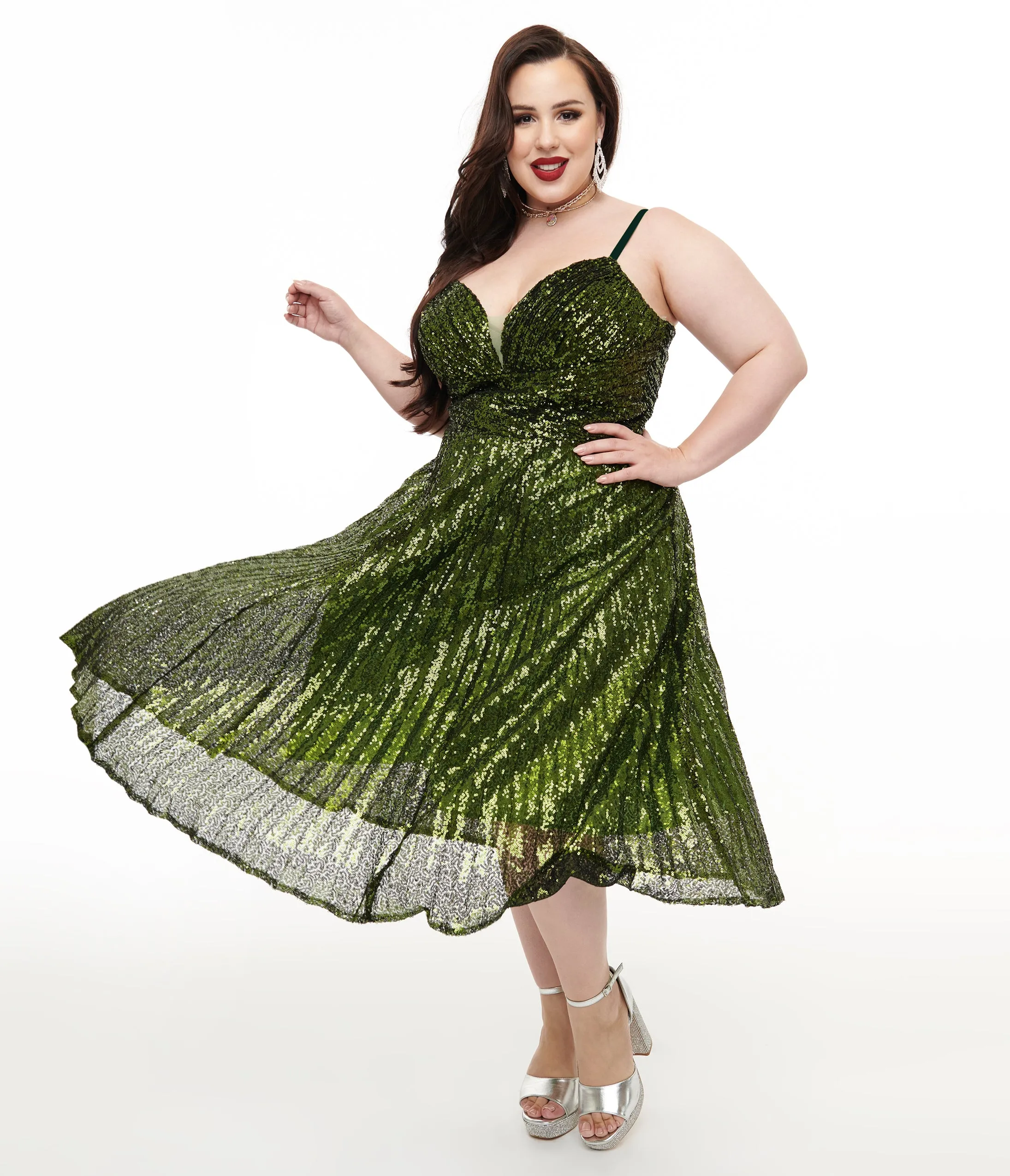 Unique Vintage Plus Size 1950s Emerald Pleated Sequin Swing Dress sold by Unique Vintage