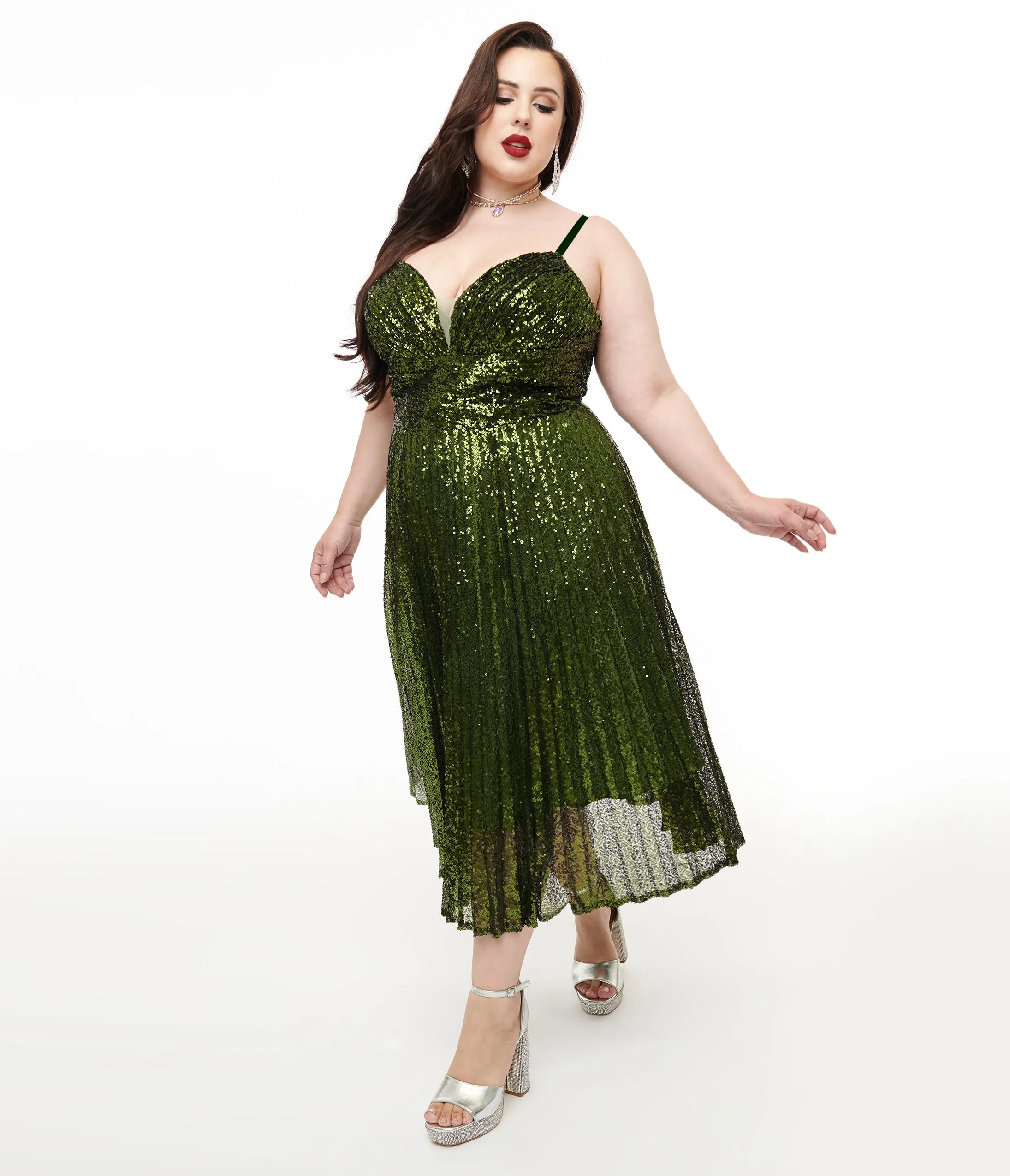 Unique Vintage Plus Size 1950s Emerald Pleated Sequin Swing Dress sold by Unique Vintage product image thumbnail 3