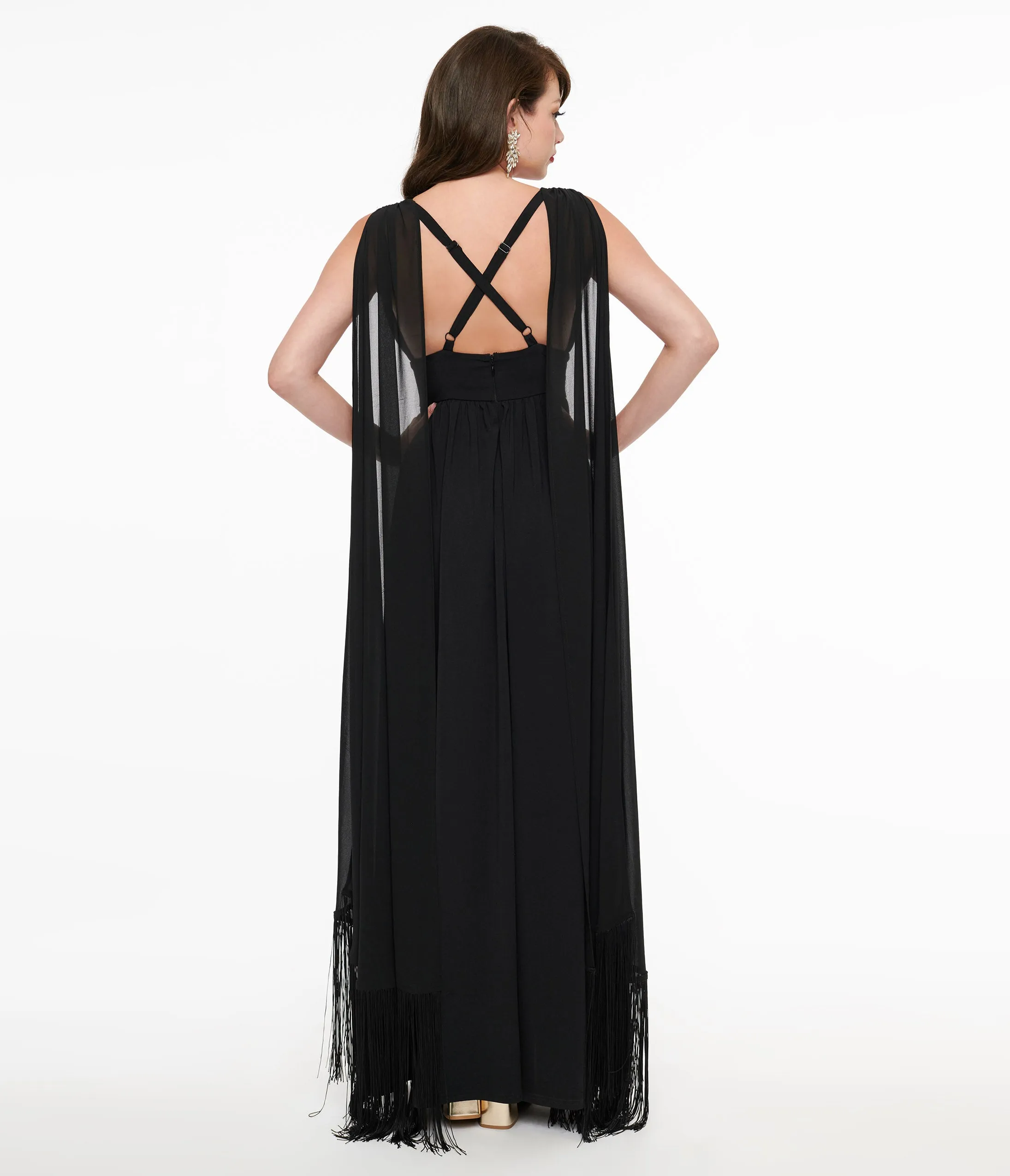 Smak Parlour 1970s Black Fringe Cape Maxi Dress sold by Unique Vintage product image thumbnail 2