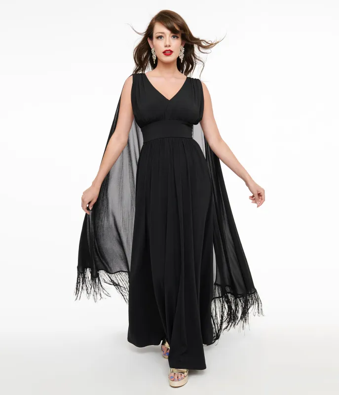 Smak Parlour 1970s Black Fringe Cape Maxi Dress made by Unique Vintage