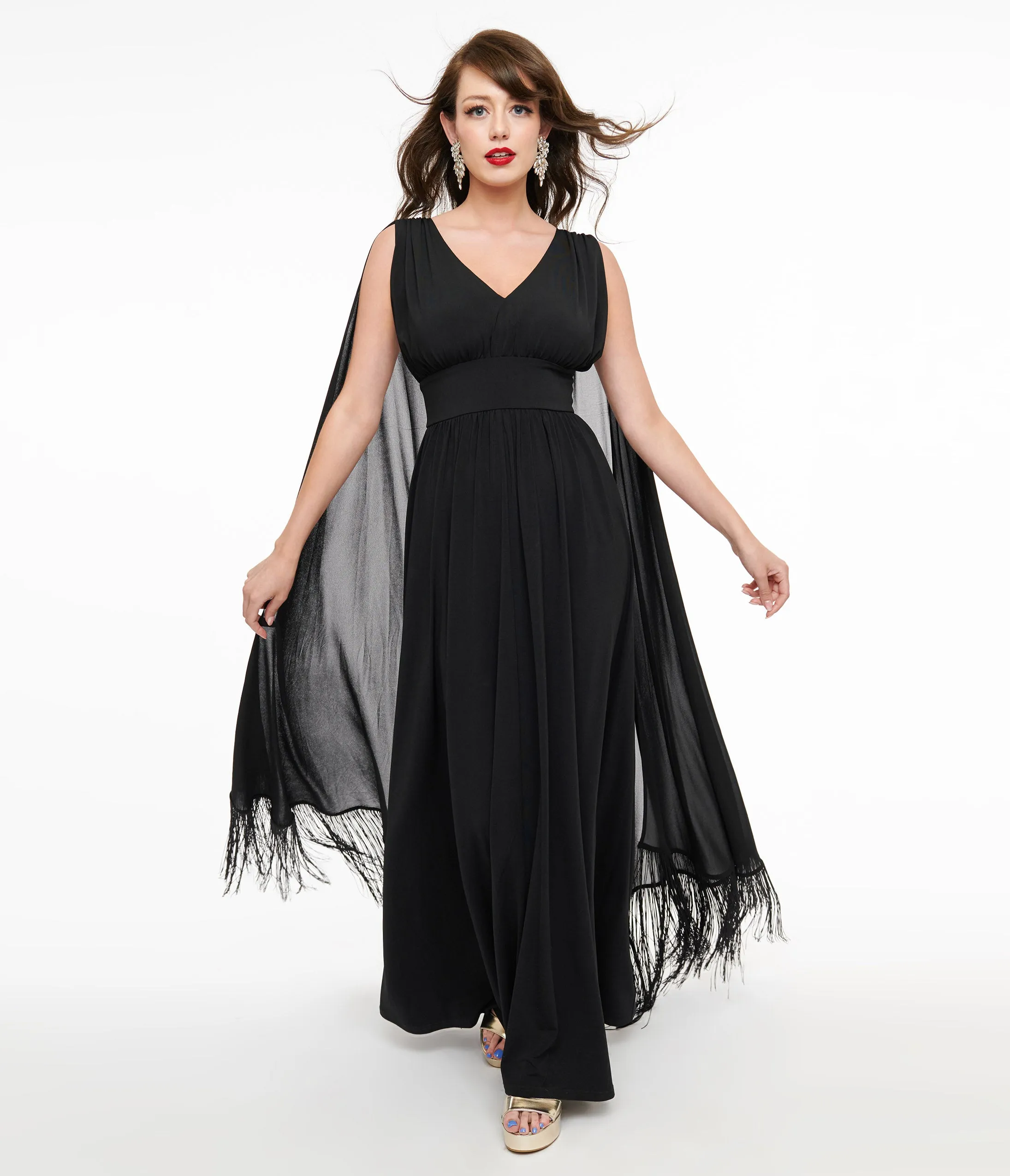 Smak Parlour 1970s Black Fringe Cape Maxi Dress sold by Unique Vintage