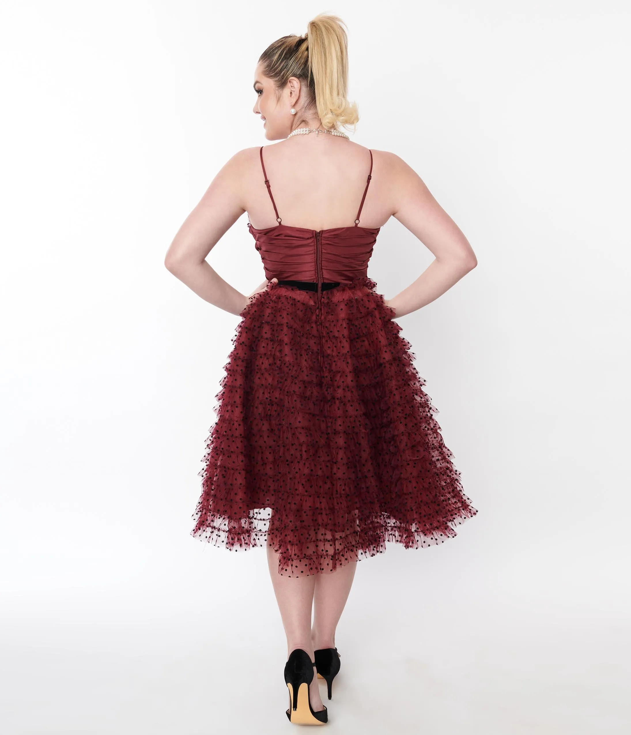 Unique Vintage Burgundy & Black Polka Dot Tulle Cupcake Swing Dress sold by Unique Vintage product image thumbnail 3