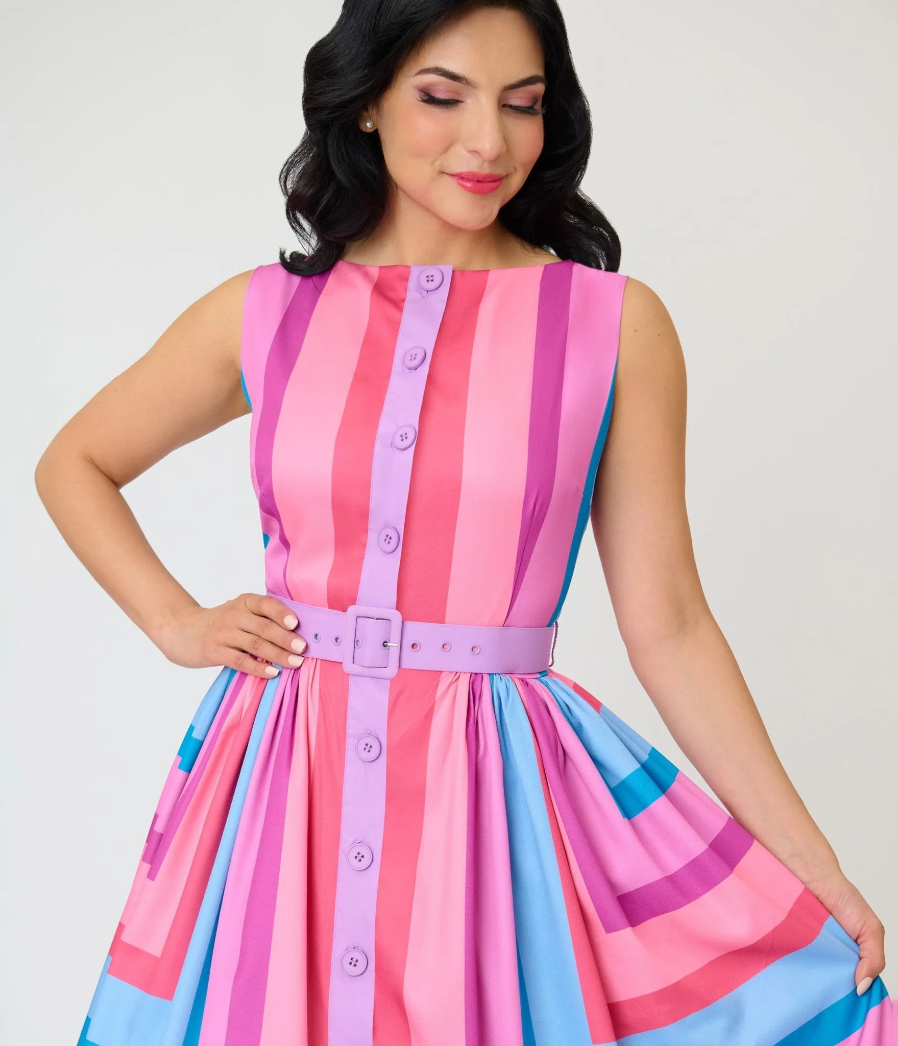 Unique Vintage Pastel Purple & Blue Stripe Sleeveless Button Swing Dress sold by Unique Vintage product image thumbnail 5