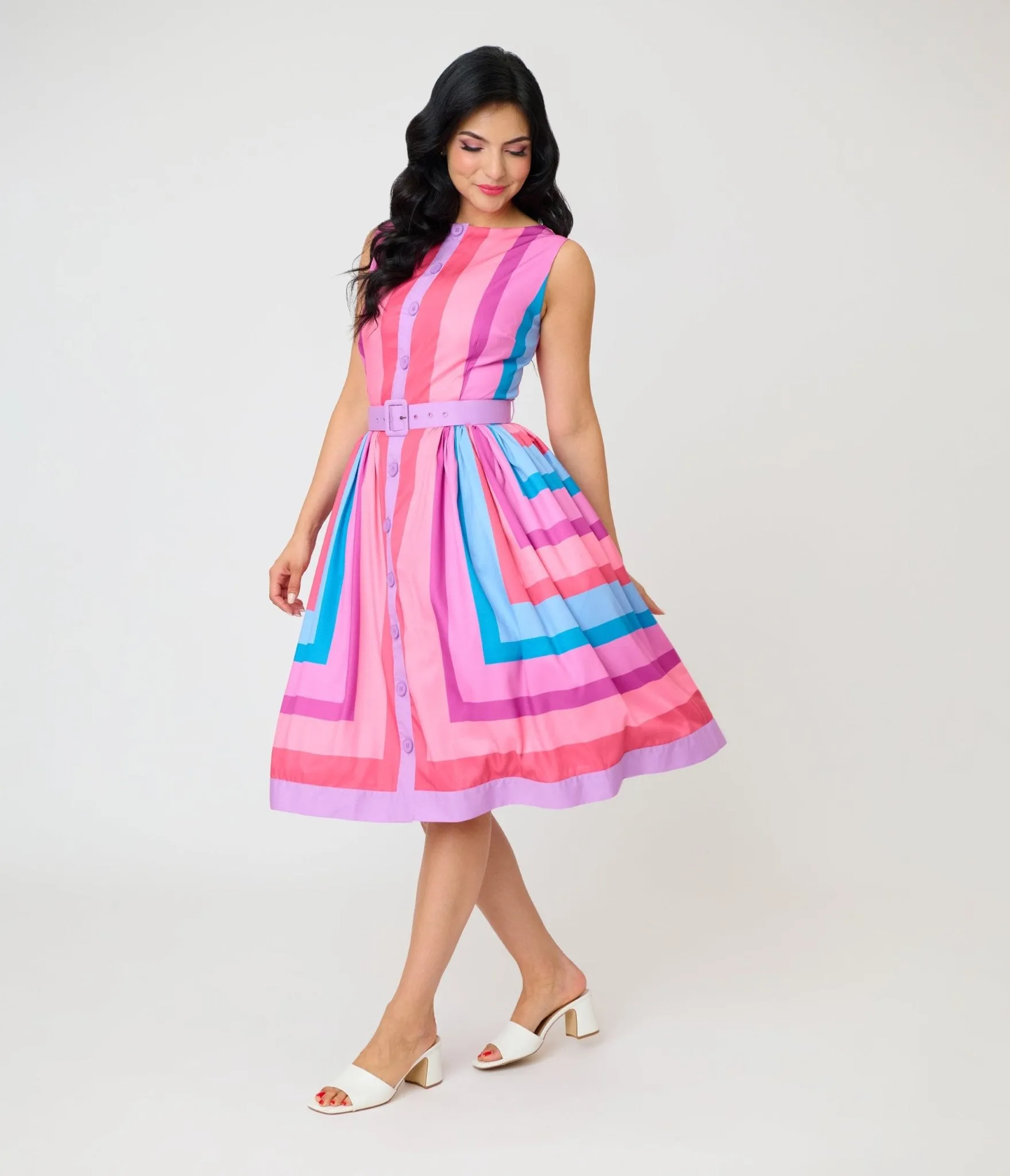 Unique Vintage Pastel Purple & Blue Stripe Sleeveless Button Swing Dress sold by Unique Vintage product image thumbnail 3