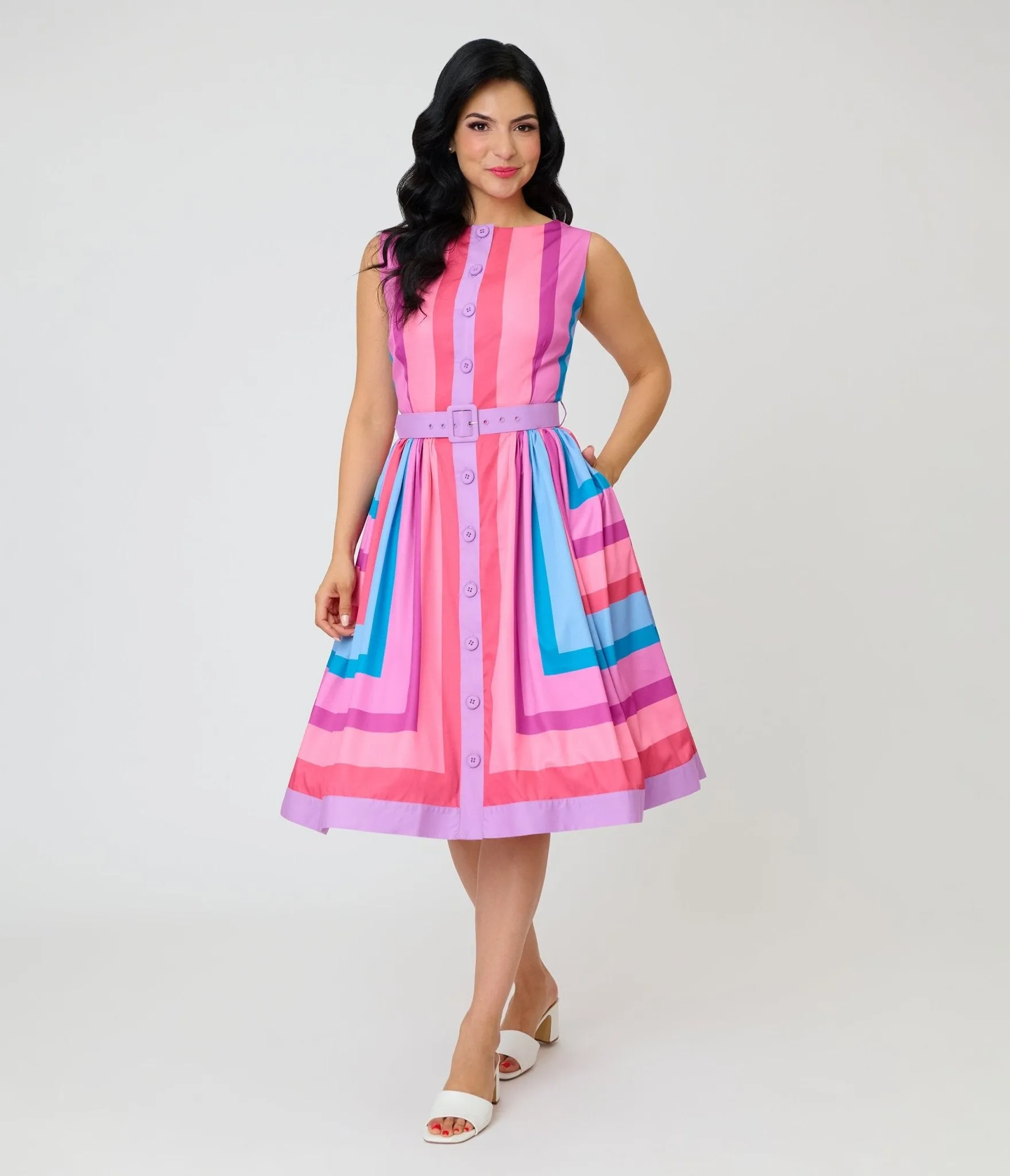 Unique Vintage Pastel Purple & Blue Stripe Sleeveless Button Swing Dress sold by Unique Vintage