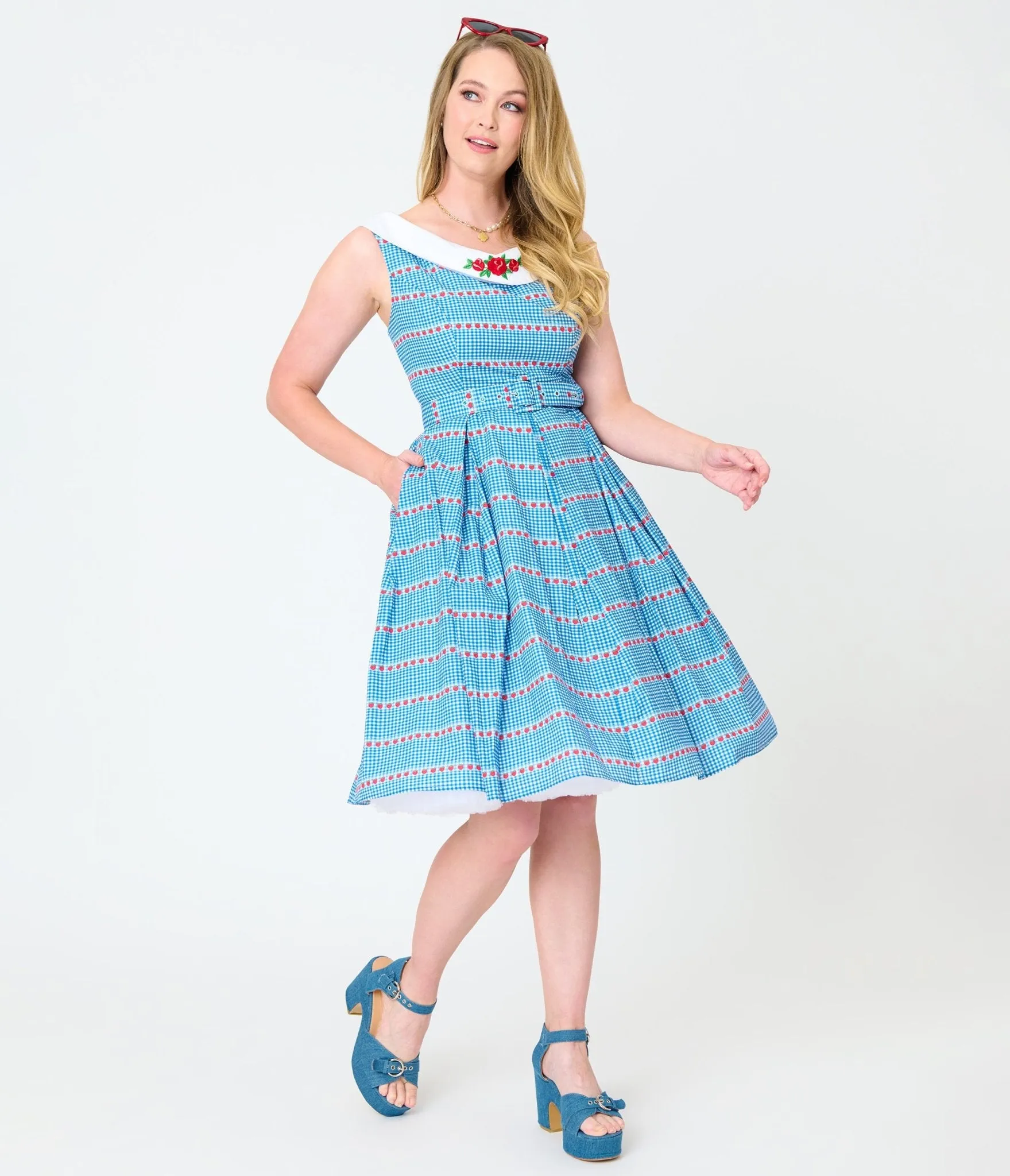Unique Vintage Blue Gingham & Strawberries Swing Dress sold by Unique Vintage product image thumbnail 3