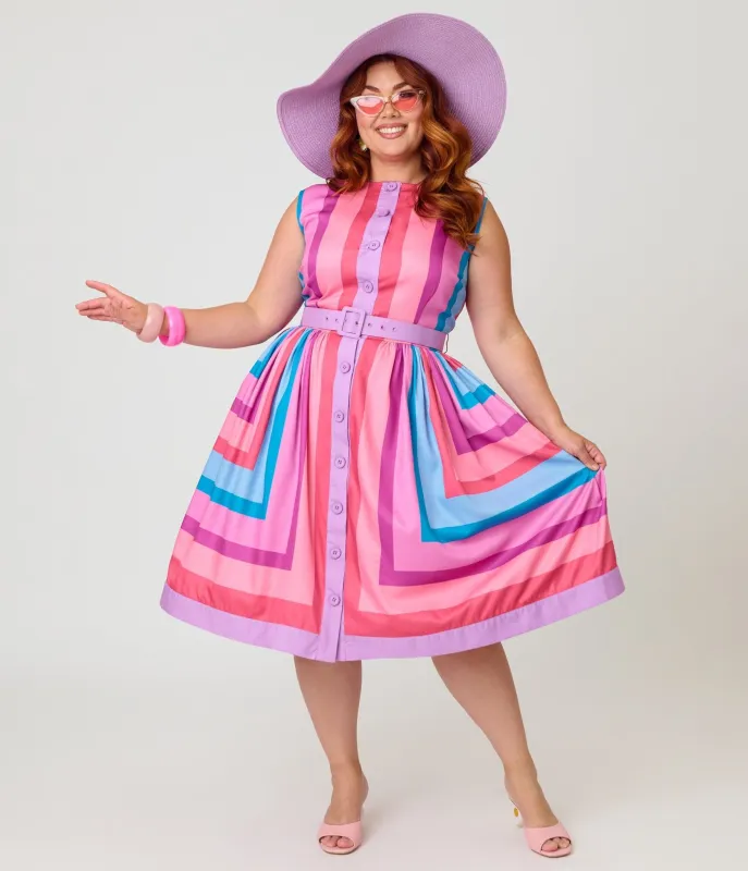 Unique Vintage Plus Size Pastel Purple & Blue Stripe Sleeveless Button Swing Dress made by Unique Vintage