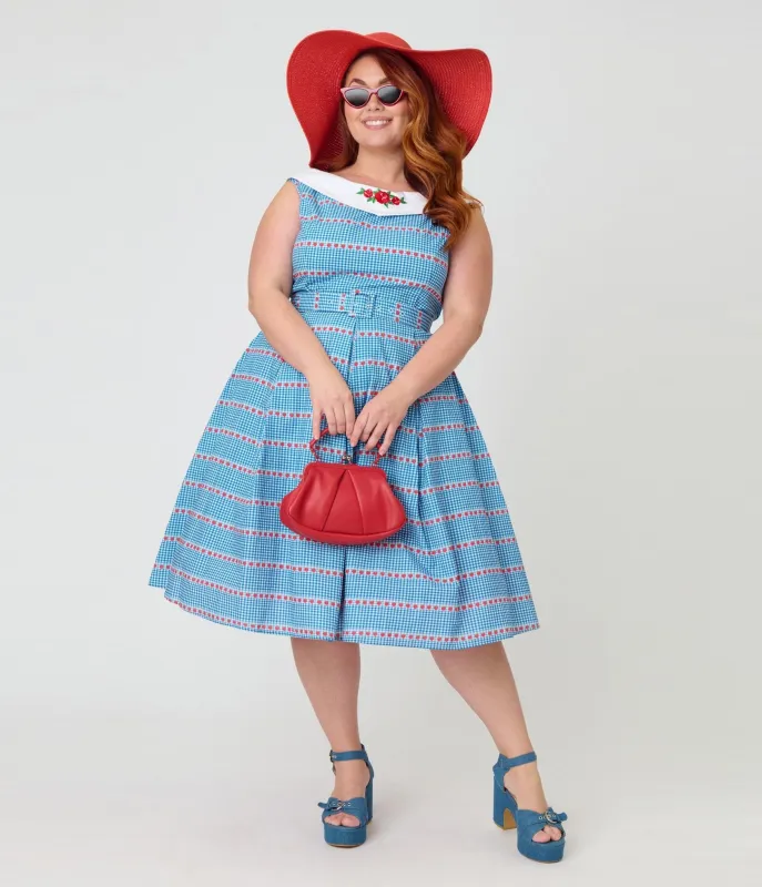 Unique Vintage Plus Size Blue Gingham & Strawberries Swing Dress made by Unique Vintage
