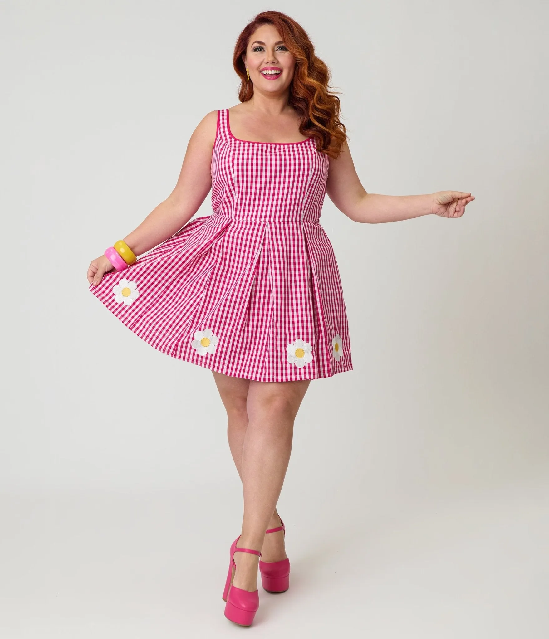 Smak Parlour Plus Size Hot Pink Gingham & Daisy Pleated Skirted Romper sold by Unique Vintage product image thumbnail 4
