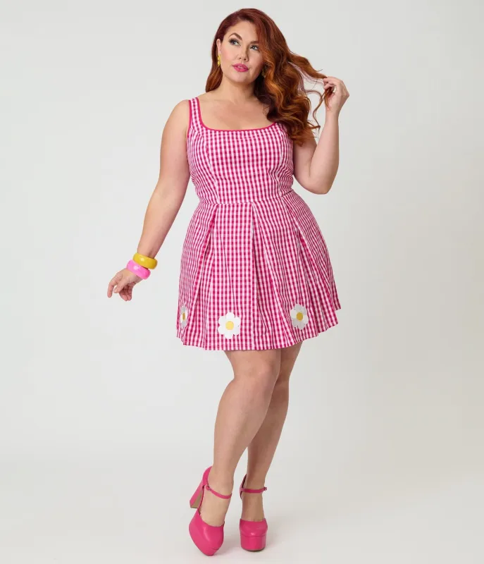 Smak Parlour Plus Size Hot Pink Gingham & Daisy Pleated Skirted Romper made by Unique Vintage