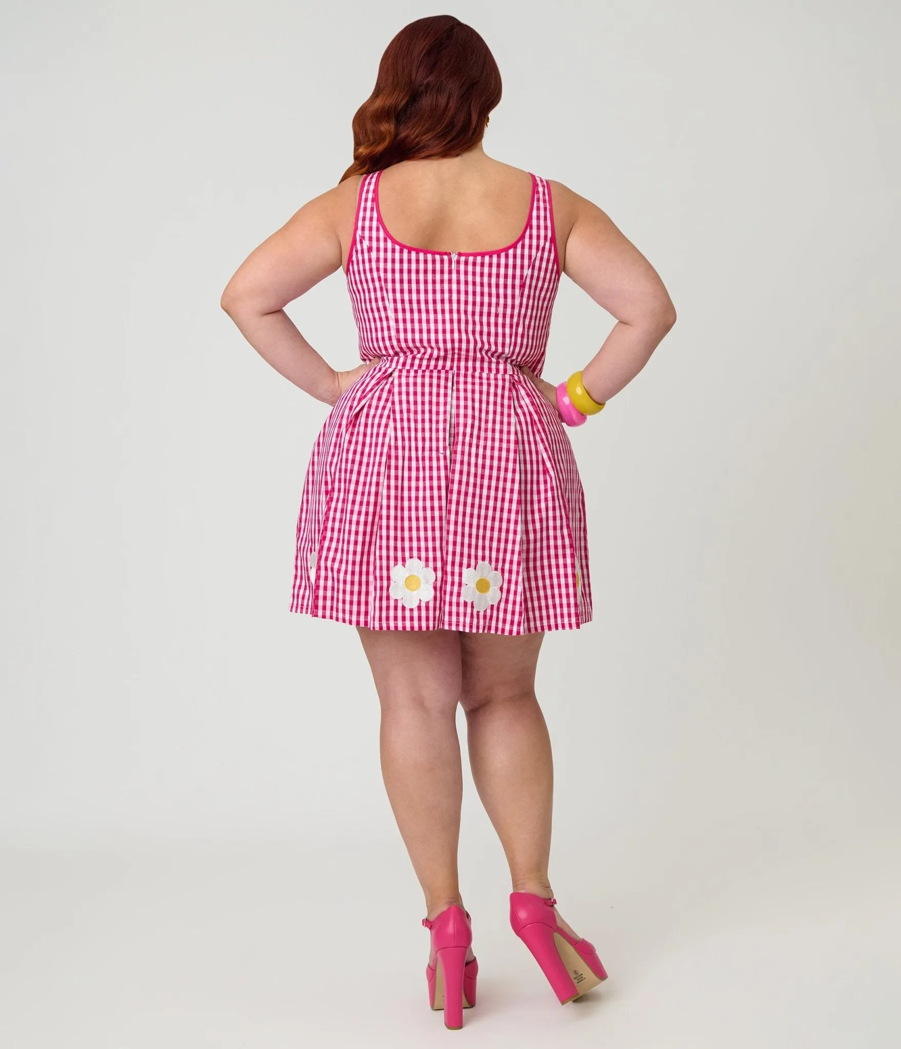 Smak Parlour Plus Size Hot Pink Gingham & Daisy Pleated Skirted Romper sold by Unique Vintage product image thumbnail 2