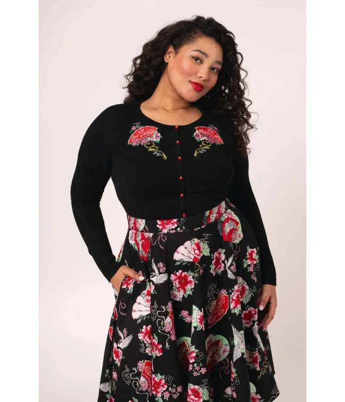 Hell Bunny Plus Size Black Fan & Floral Embroidered Yuna Cardigan made by Unique Vintage