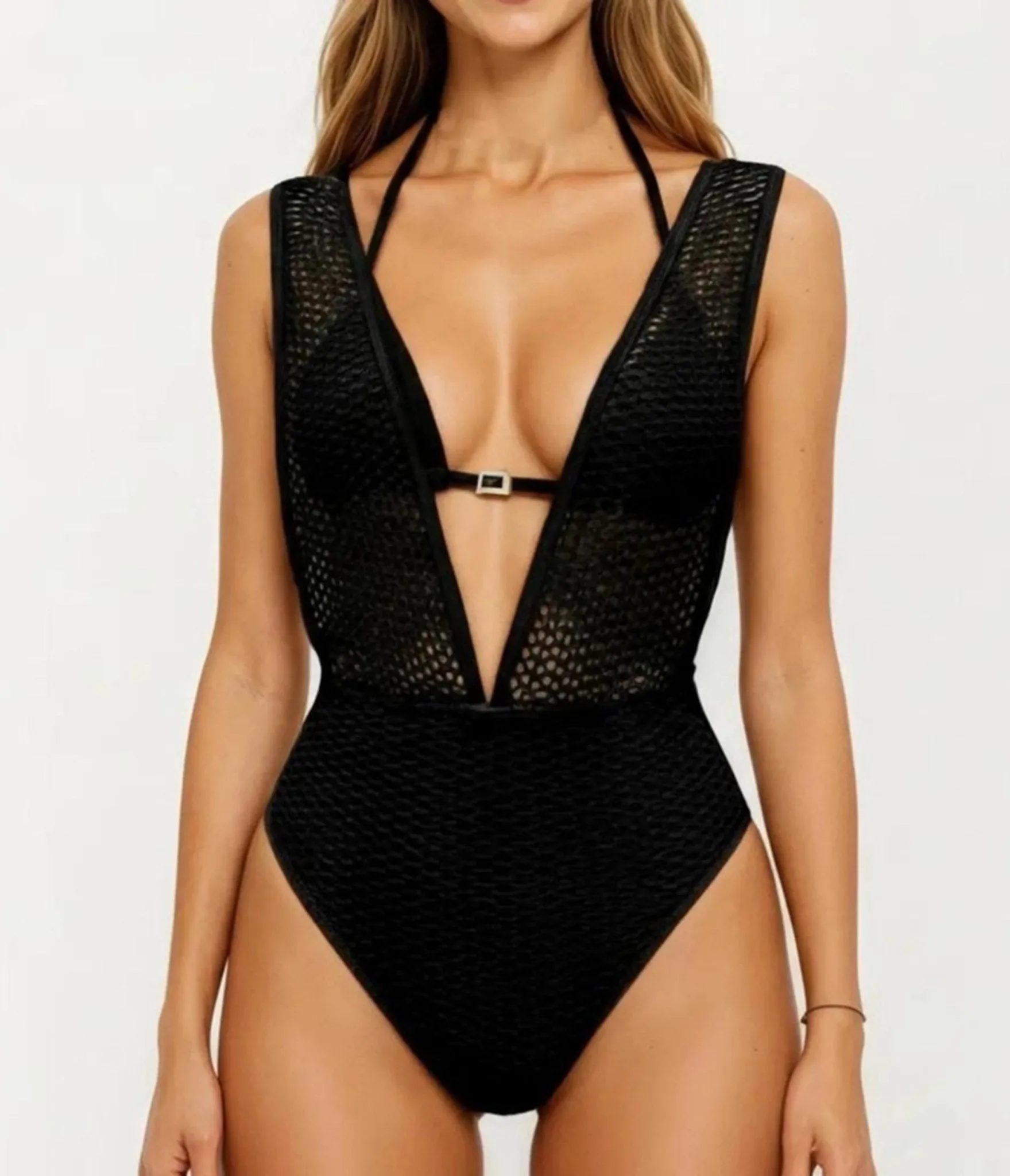 Black V Neck Illusion One Piece Swimsuit sold by Unique Vintage product image thumbnail 3