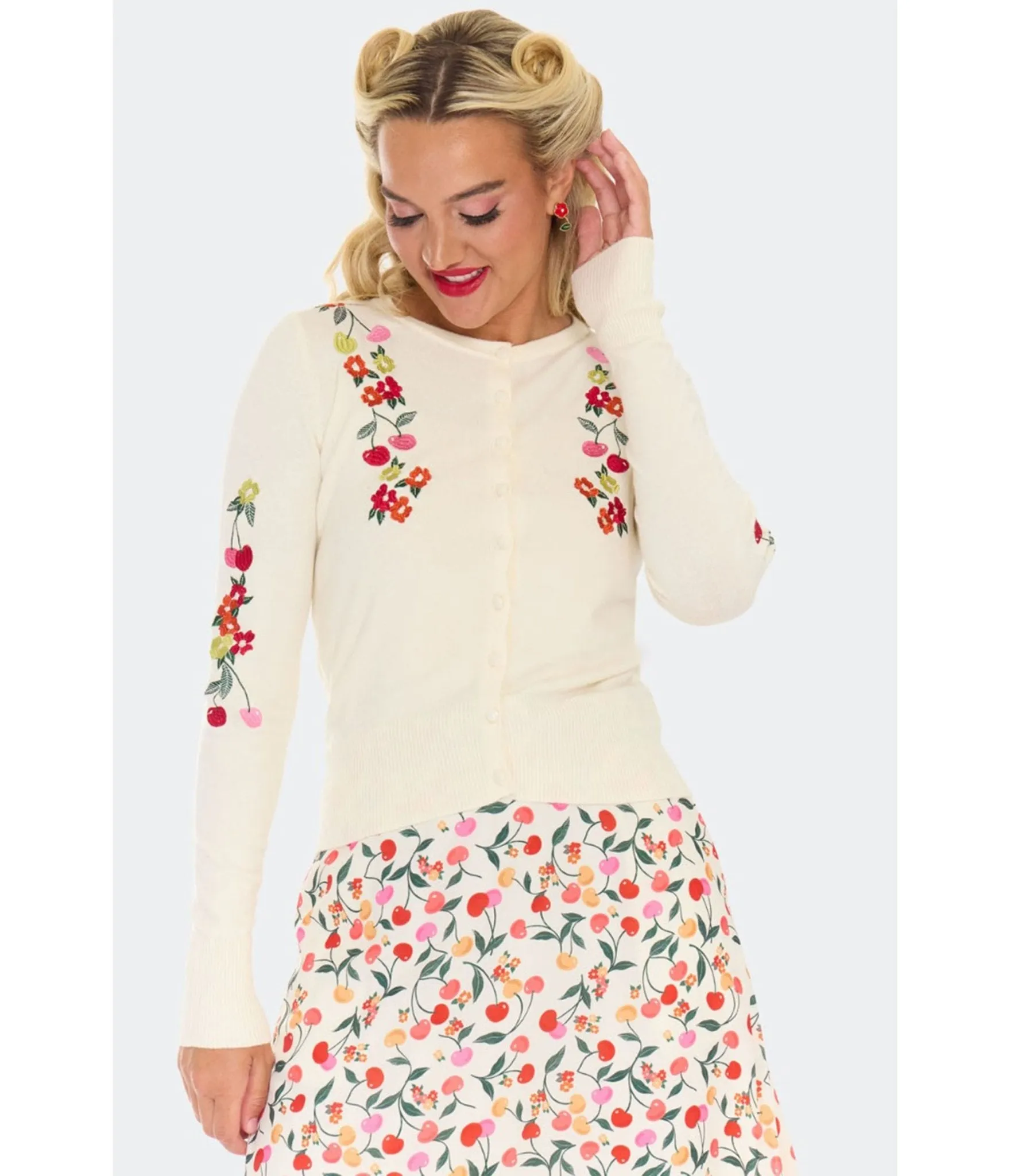 Voodoo Vixen Cream Cherry Floral Cardigan sold by Unique Vintage
