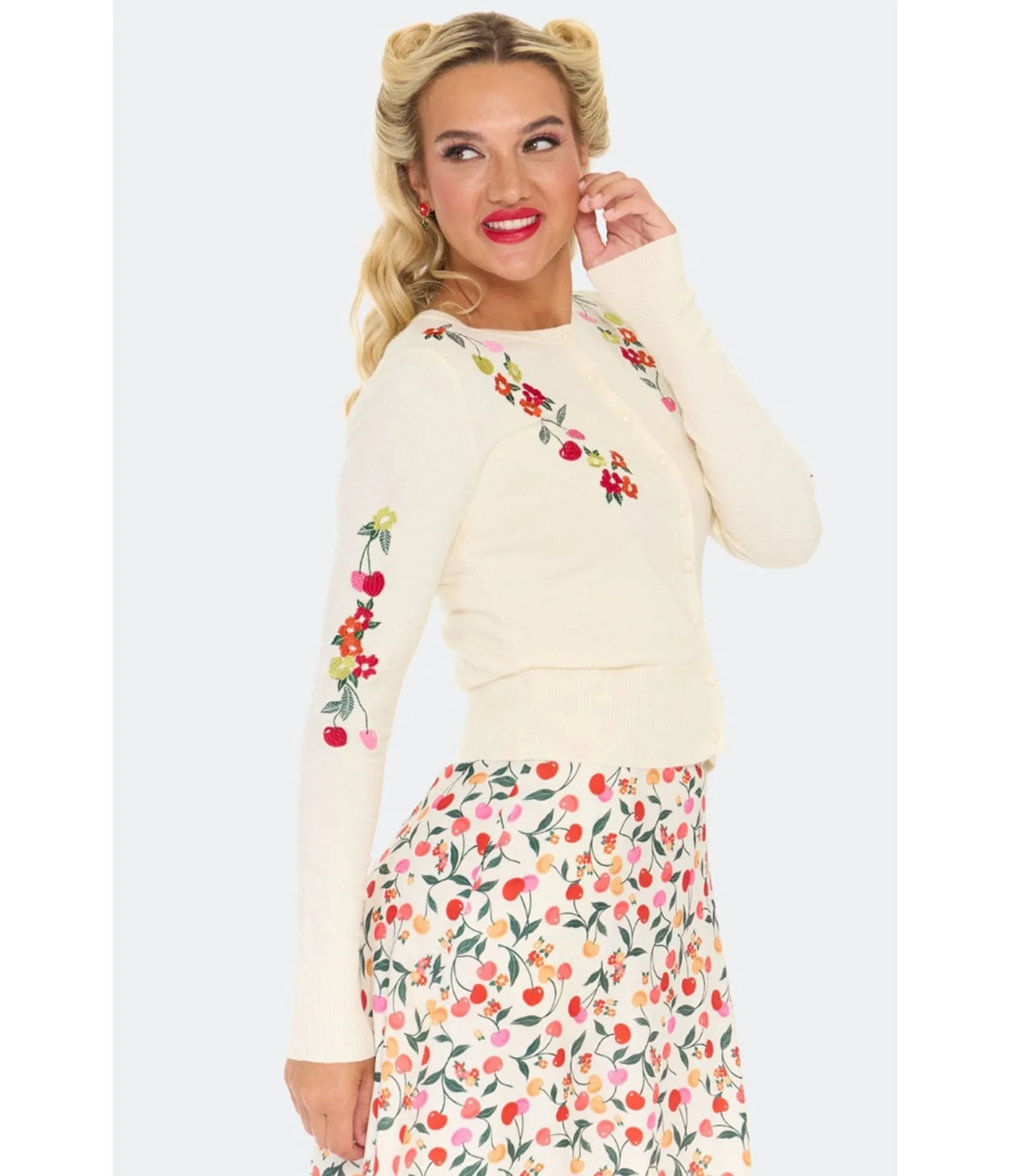 Voodoo Vixen Cream Cherry Floral Cardigan sold by Unique Vintage product image thumbnail 3