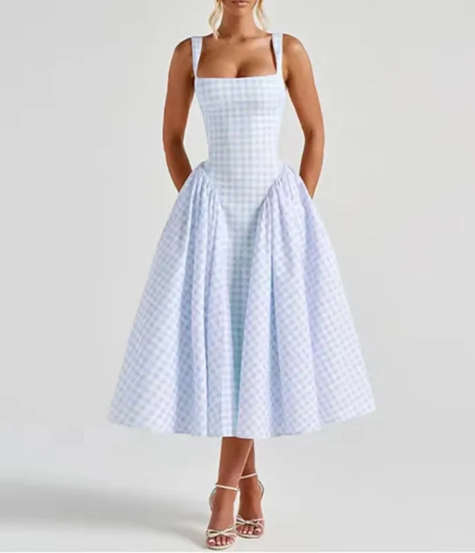Light Blue Gingham Midi Dress made by Unique Vintage