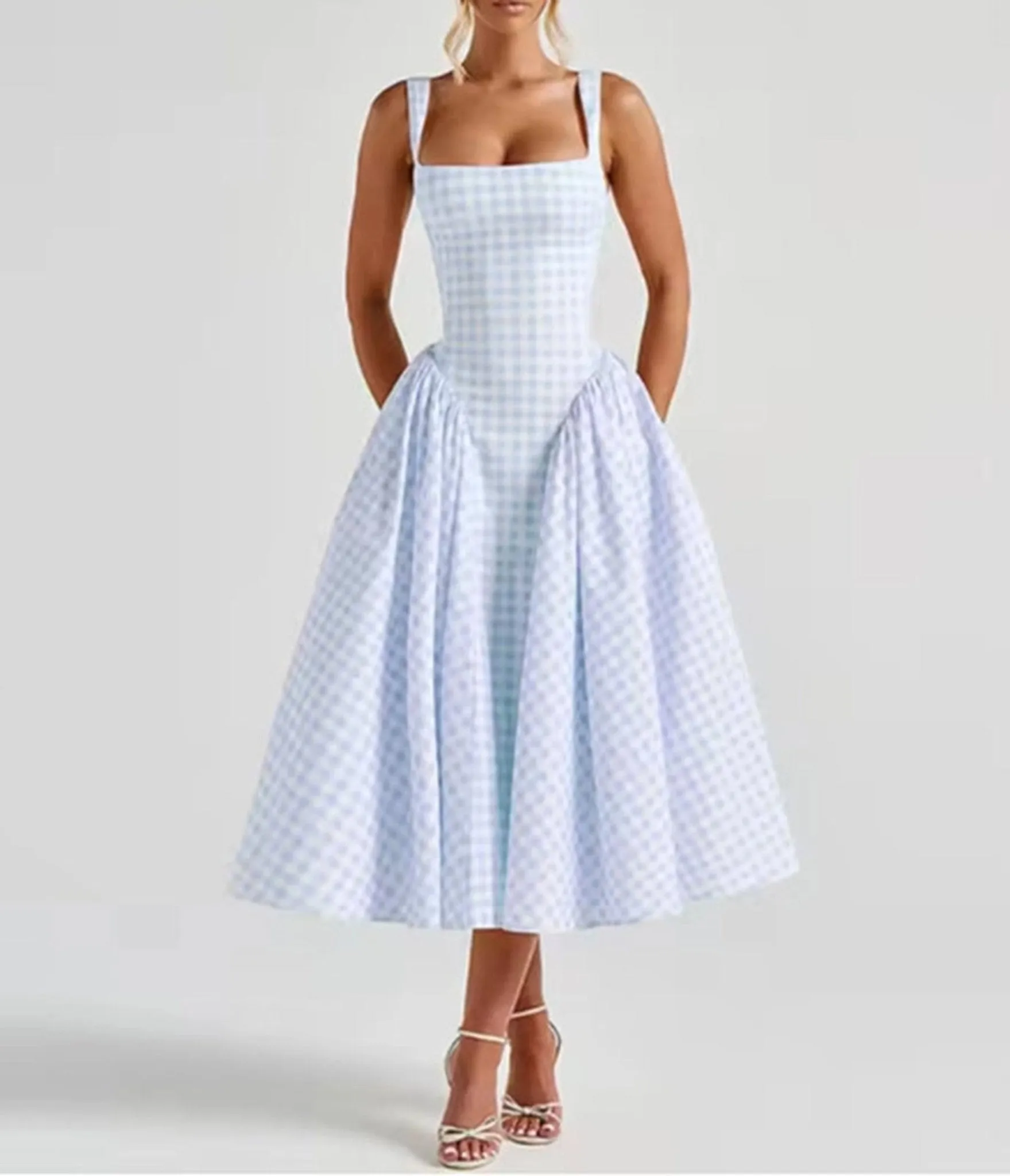 Light Blue Gingham Midi Dress sold by Unique Vintage