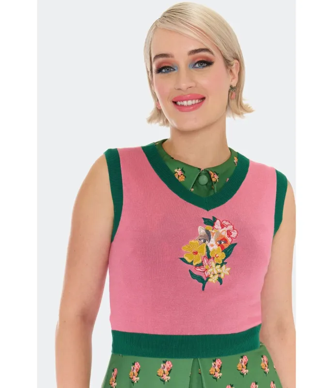 Voodoo Vixen Pink Floral Cat Embroidered Sweater Vest made by Voodoo Vixen