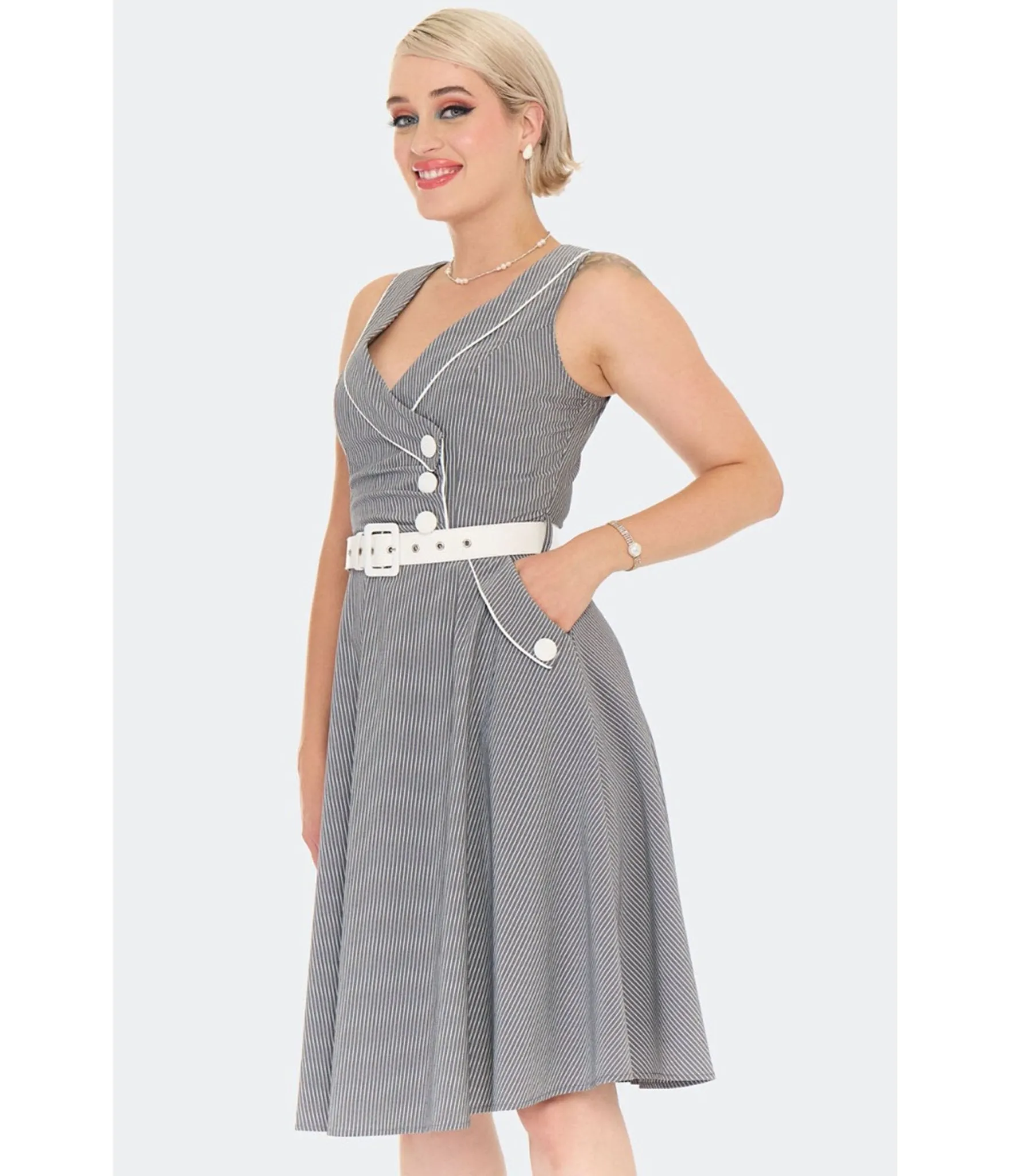 Voodoo Vixen Grey Pinstripe Flare Dress sold by Unique Vintage product image thumbnail 4
