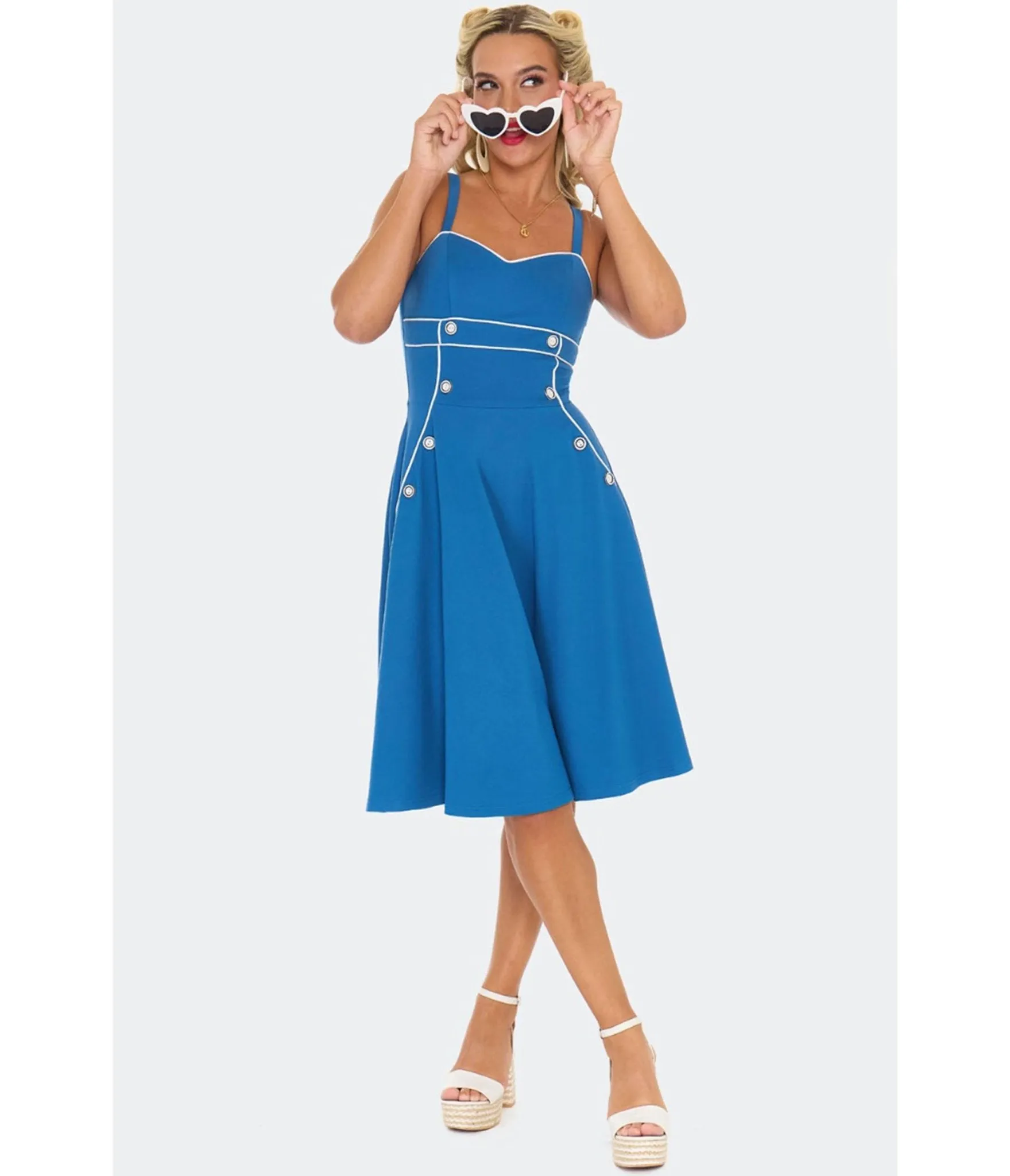 Voodoo Vixen Blue Nautical Button Flare Dress sold by Unique Vintage product image thumbnail 3