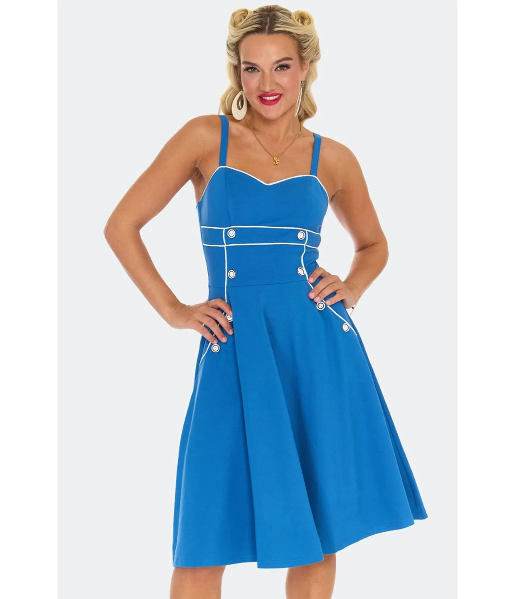 Voodoo Vixen Blue Nautical Button Flare Dress sold by Unique Vintage