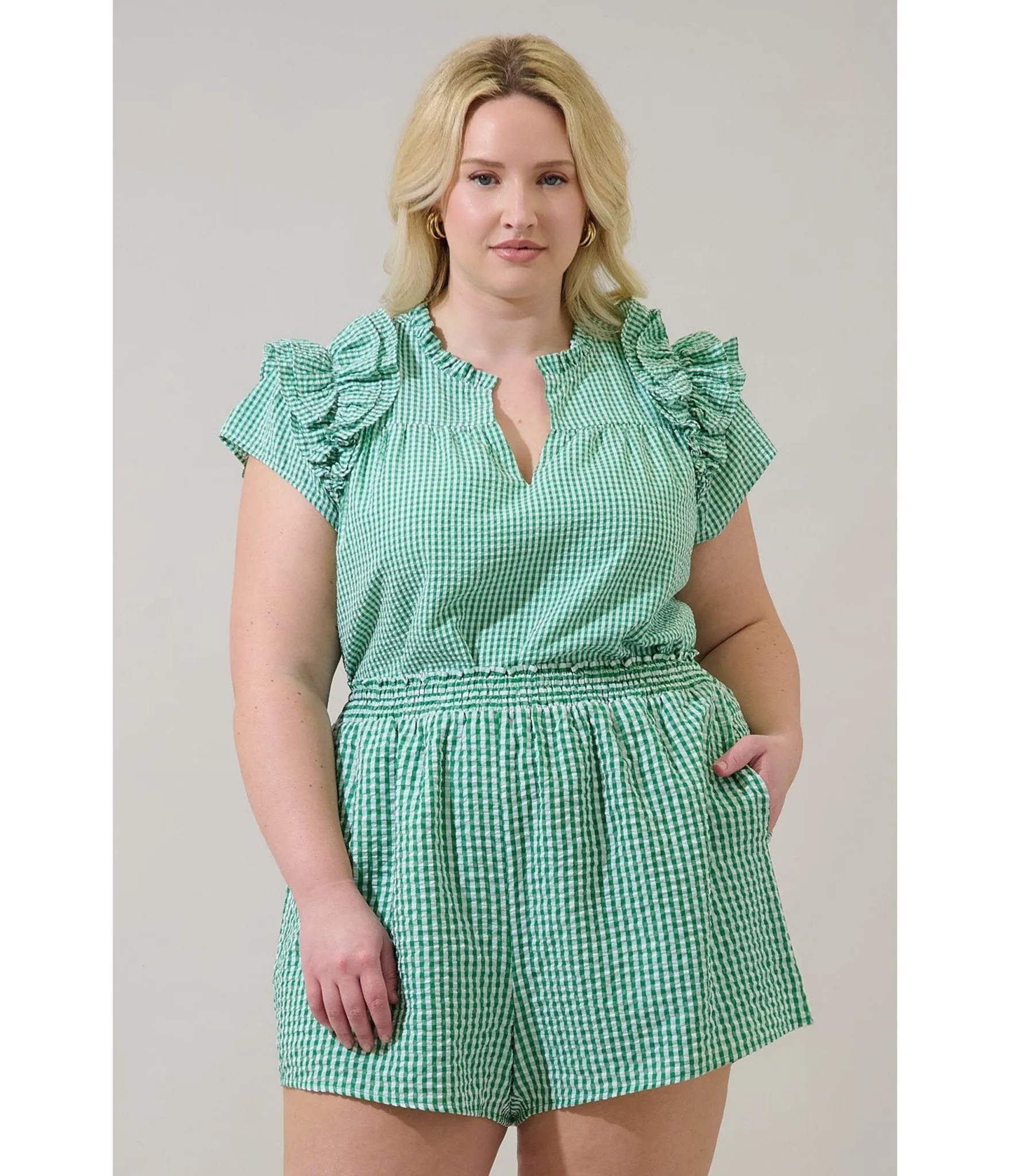 Plus Size Green Gingham Ruffle Tamara Top sold by Unique Vintage