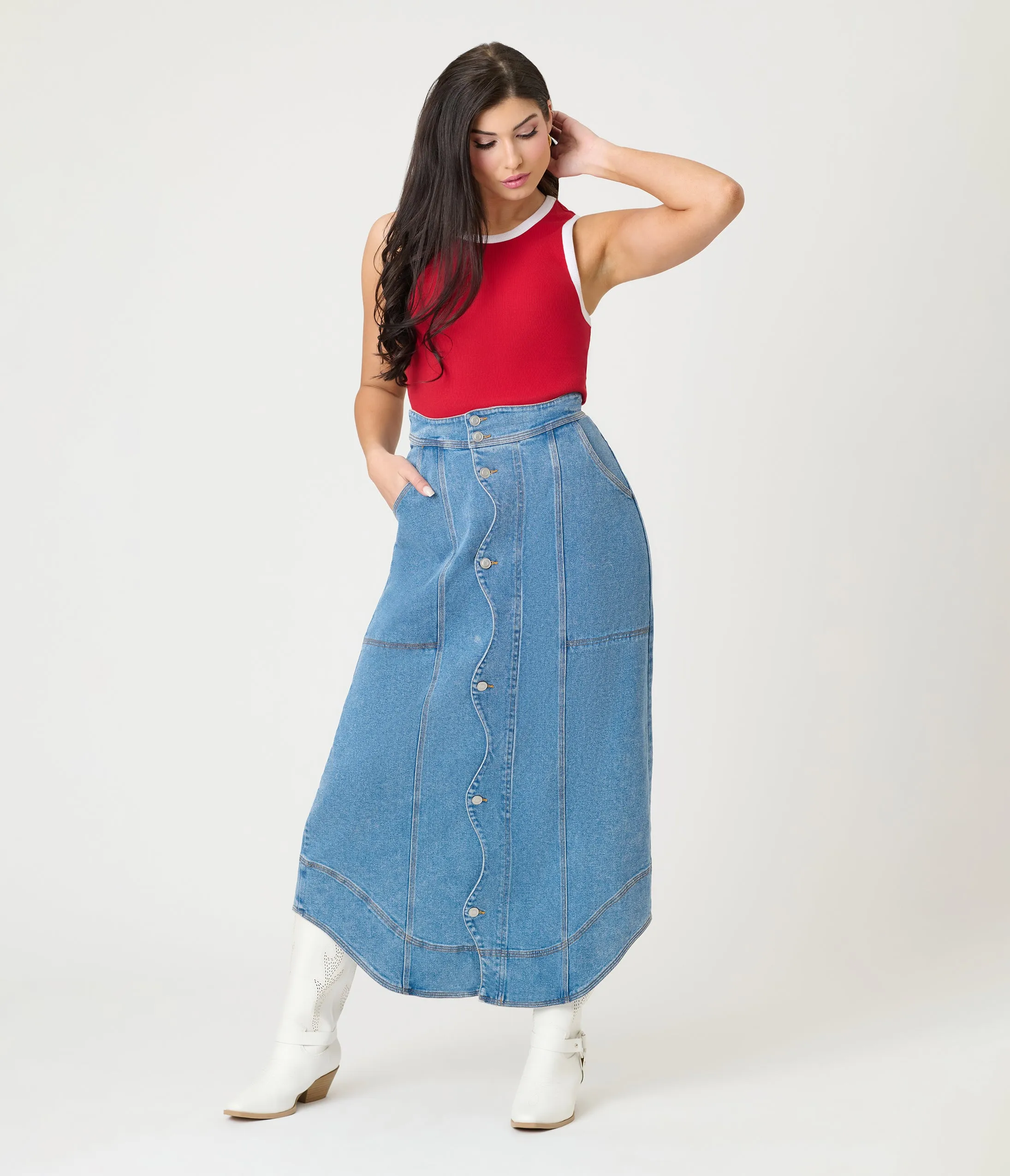 Wavy Placket Denim Maxi Skirt sold by Unique Vintage product image thumbnail 4