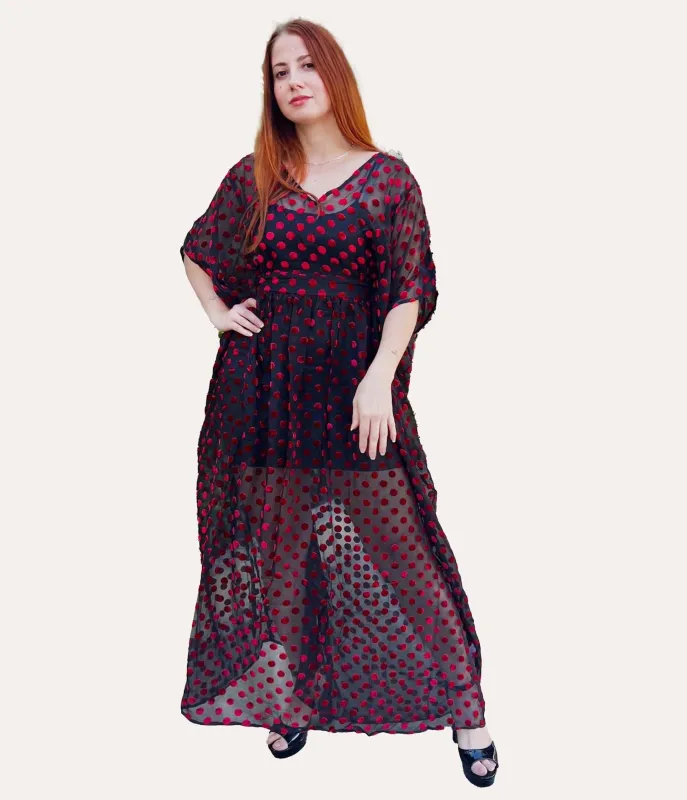 Unique Vintage Black & Red Swiss Dot Burton Caftan Dress made by Unique Vintage