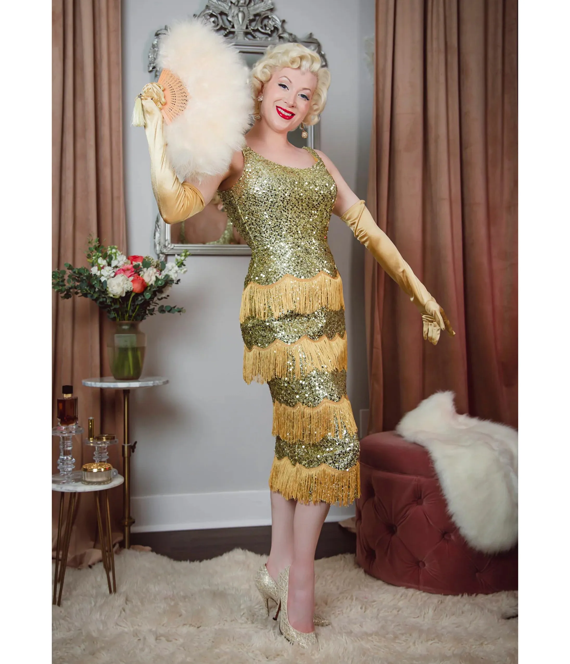 Elle Rebel Gold Sequin Studio Starlet Fringe Flapper Dress sold by Unique Vintage
