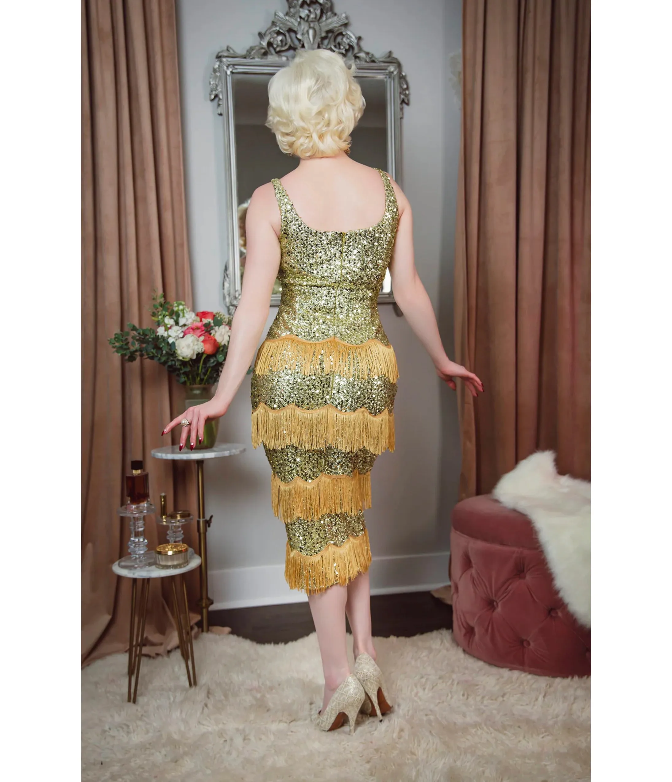 Elle Rebel Gold Sequin Studio Starlet Fringe Flapper Dress sold by Unique Vintage product image thumbnail 2