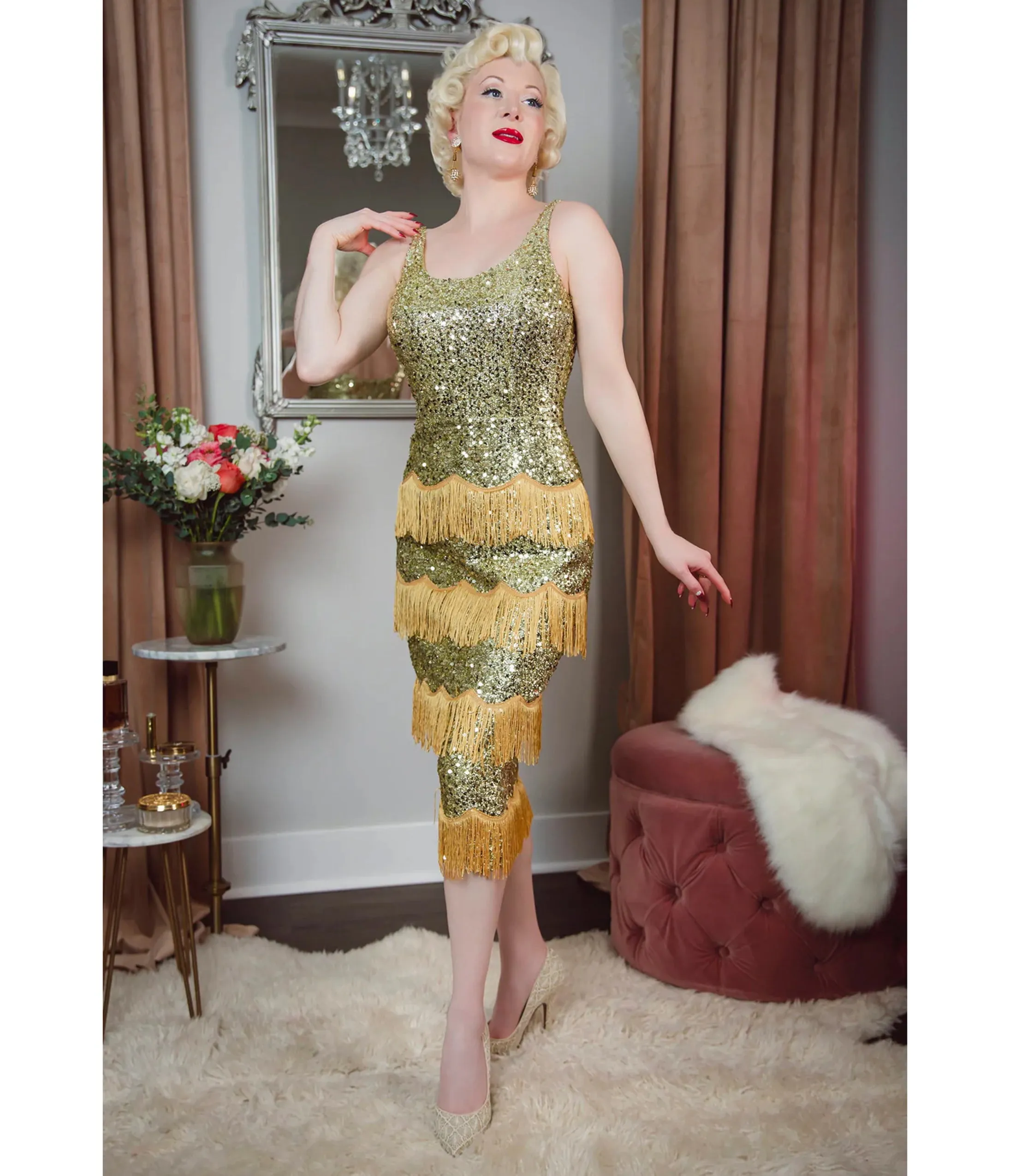 Elle Rebel Gold Sequin Studio Starlet Fringe Flapper Dress sold by Unique Vintage product image thumbnail 3
