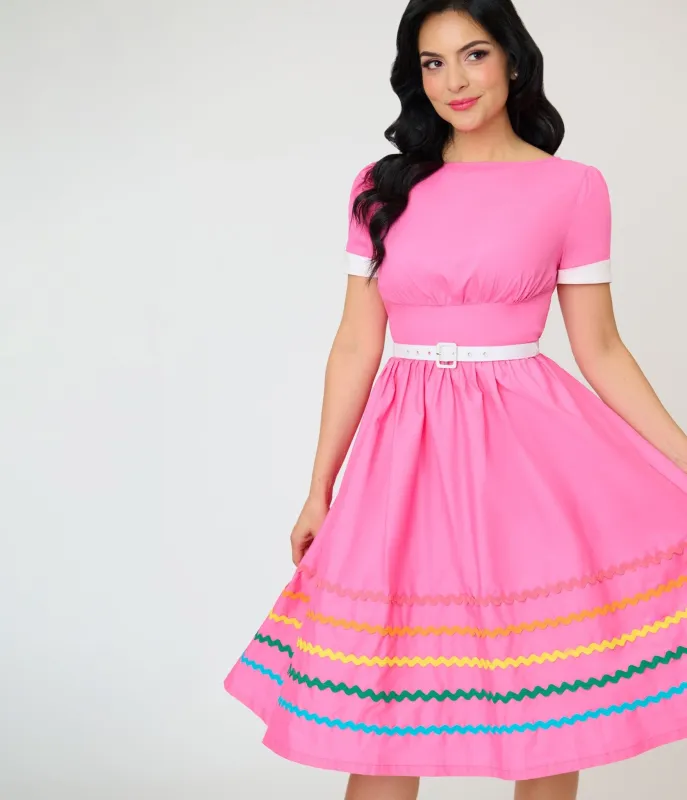 Unique Vintage Pink & Rainbow Cotton Swing Dress made by Unique Vintage