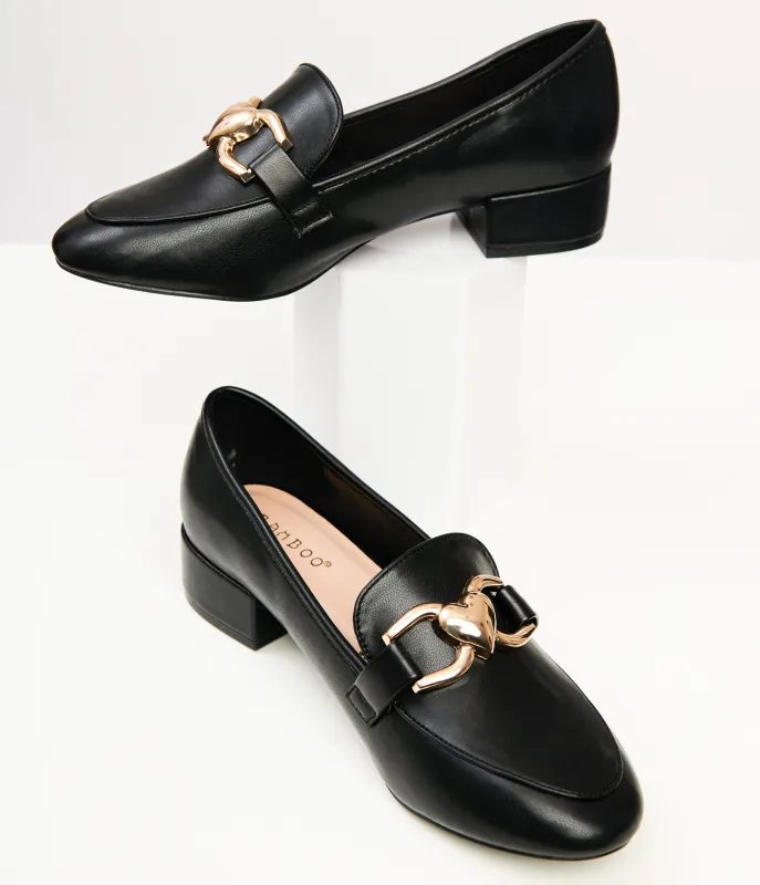1960s Black Leatherette Heart Chain Loafers made by Unique Vintage