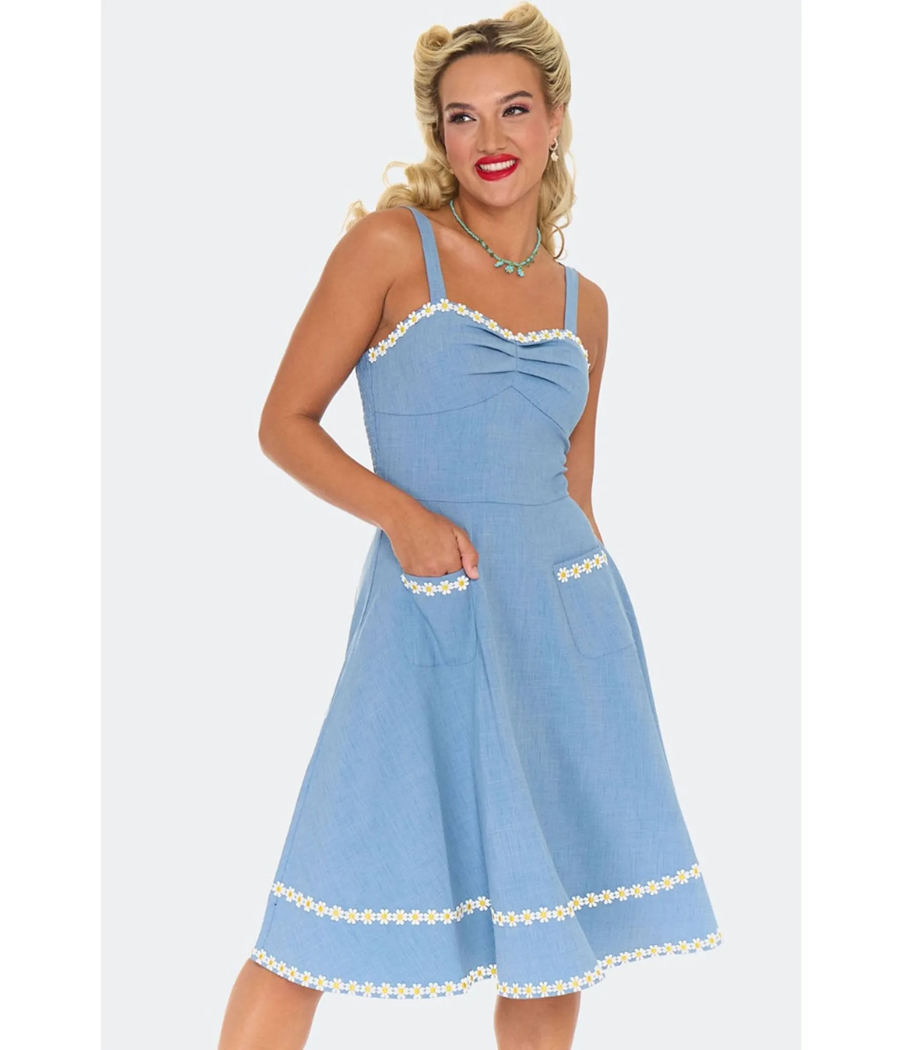 Voodoo Vixen Blue Daisy Flare Dress sold by Unique Vintage