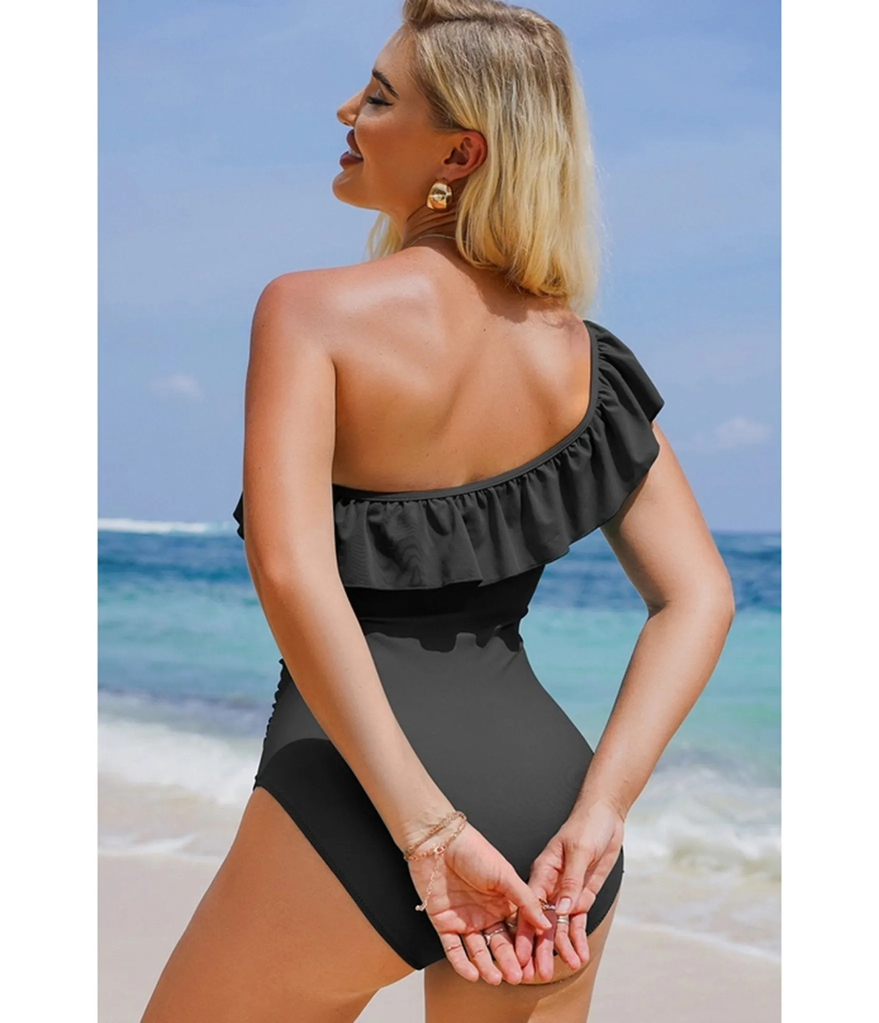 Black Ruffle Trim Asymmetric Neck One Piece Swimsuit sold by Unique Vintage product image thumbnail 2