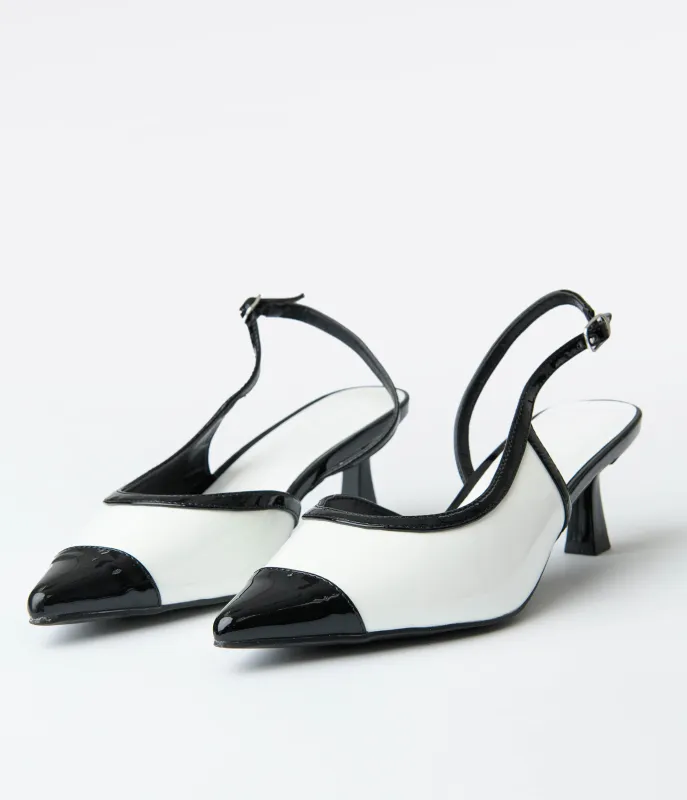 White & Black Patent Leatherette Kitten Heels made by Unique Vintage
