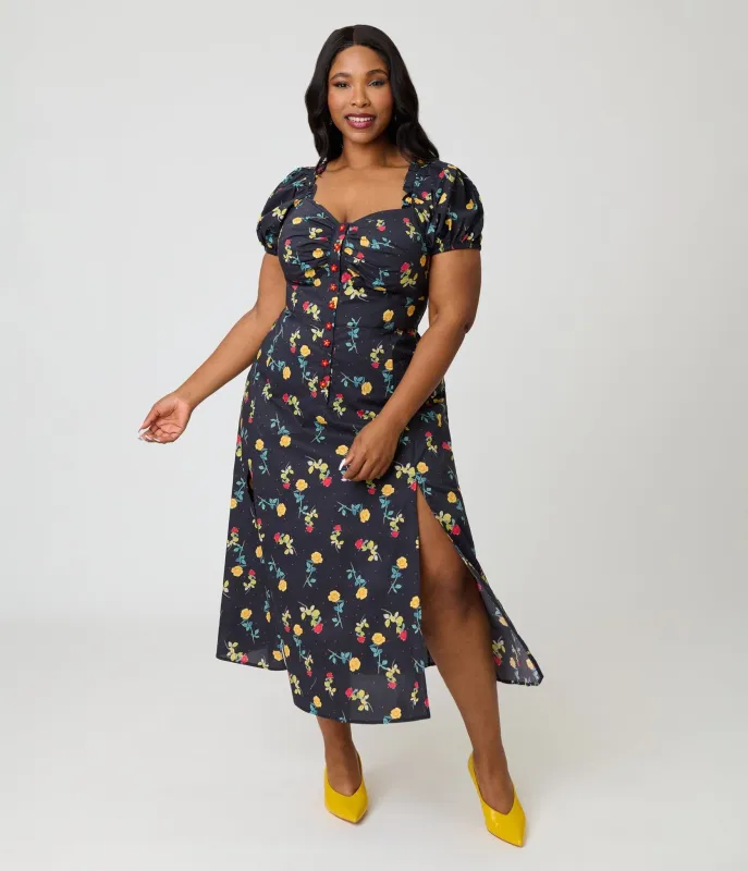 Unique Vintage Plus Size 1940s Black Floral Midi Dress made by Unique Vintage