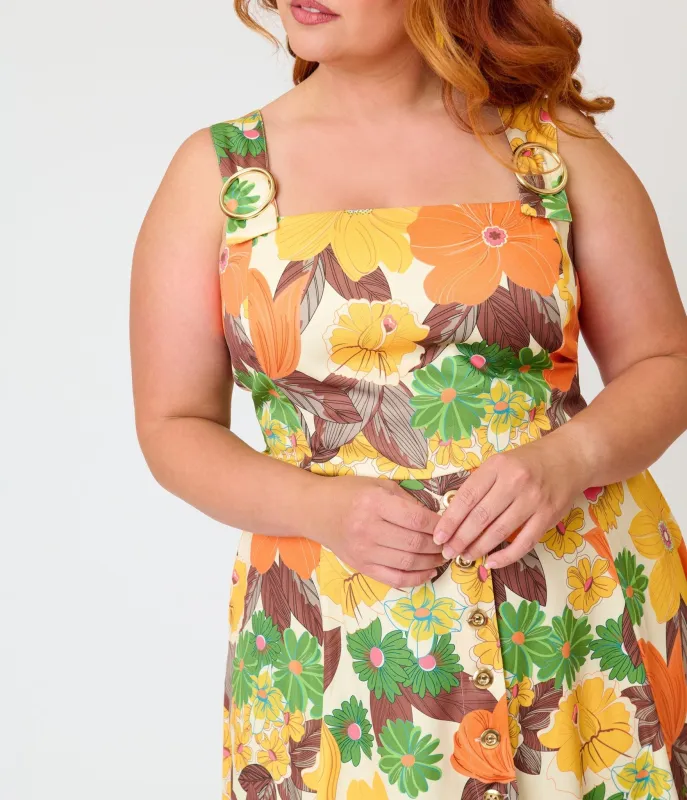 Unique Vintage Plus Size Orange Floral Picnic Perfect Midi Dress made by Unique Vintage