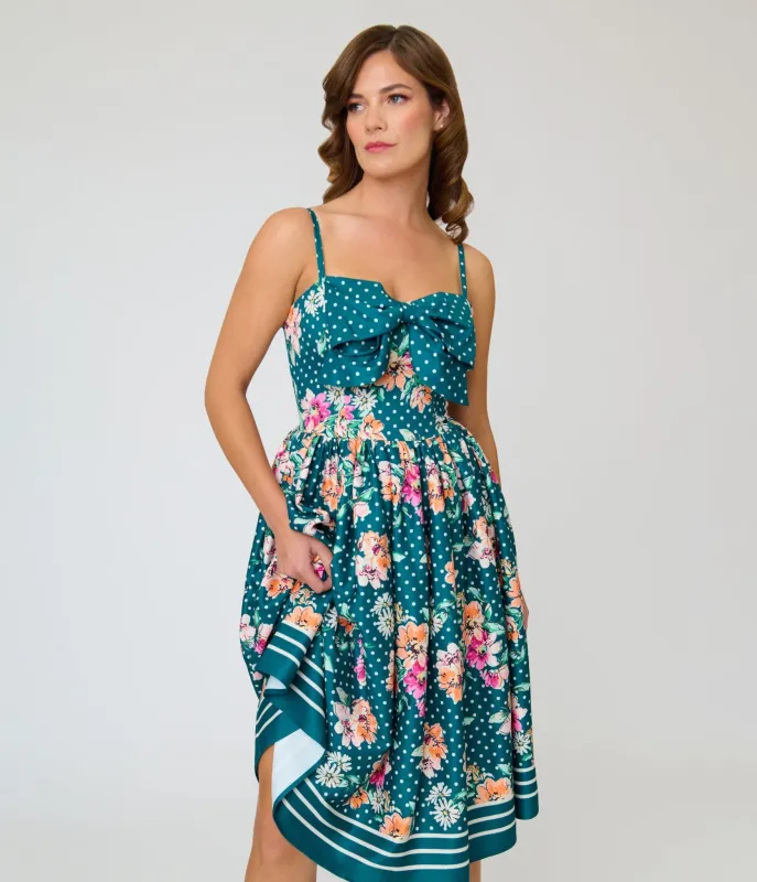 Unique Vintage Teal Polka Dot & Floral Bow Sweetheart Swing Dress made by Unique Vintage