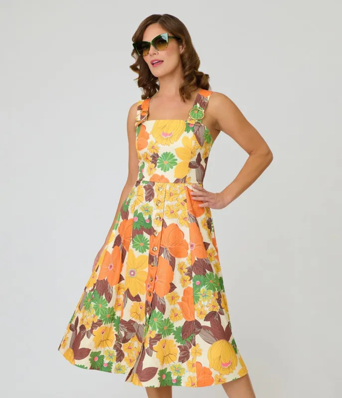 Unique Vintage Orange Floral Picnic Perfect Midi Dress made by Unique Vintage