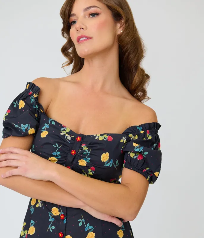 Unique Vintage 1940s Black Floral Midi Dress made by Unique Vintage